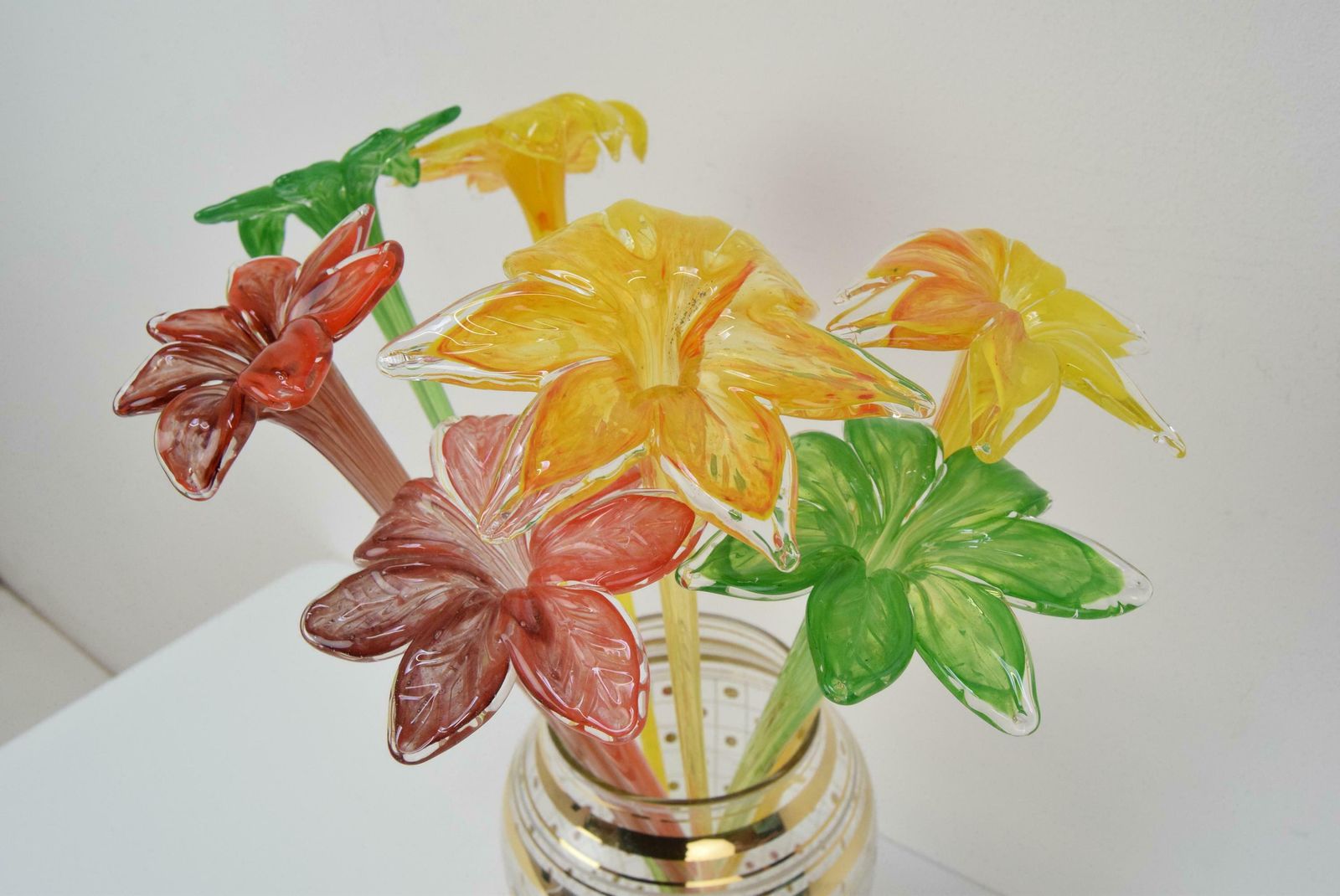 Set Of Seven Glass Flowers, Glasswork Novy Bor, 1950's. photo vintage
