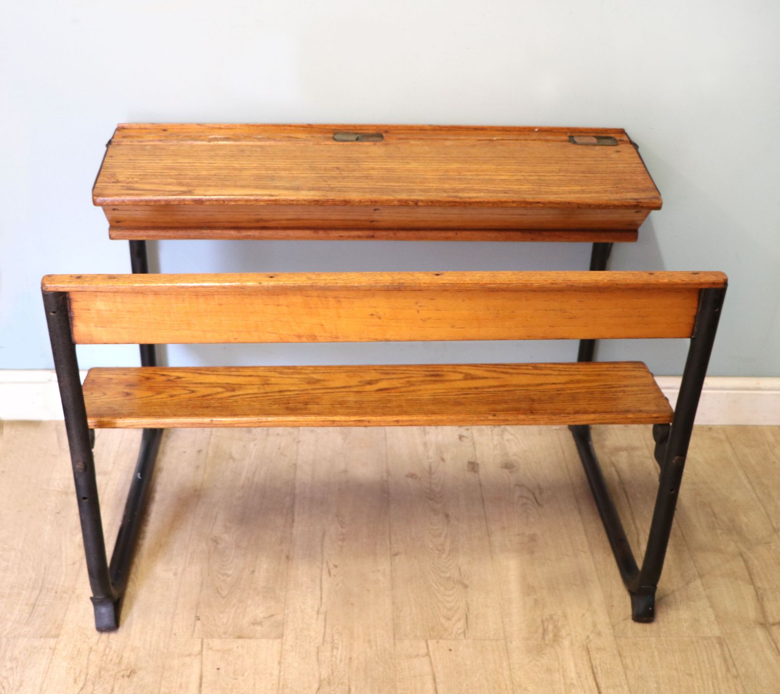 A Wonderful Early 20th Century Oak And Iron Framed School Desk And Integral Chair.