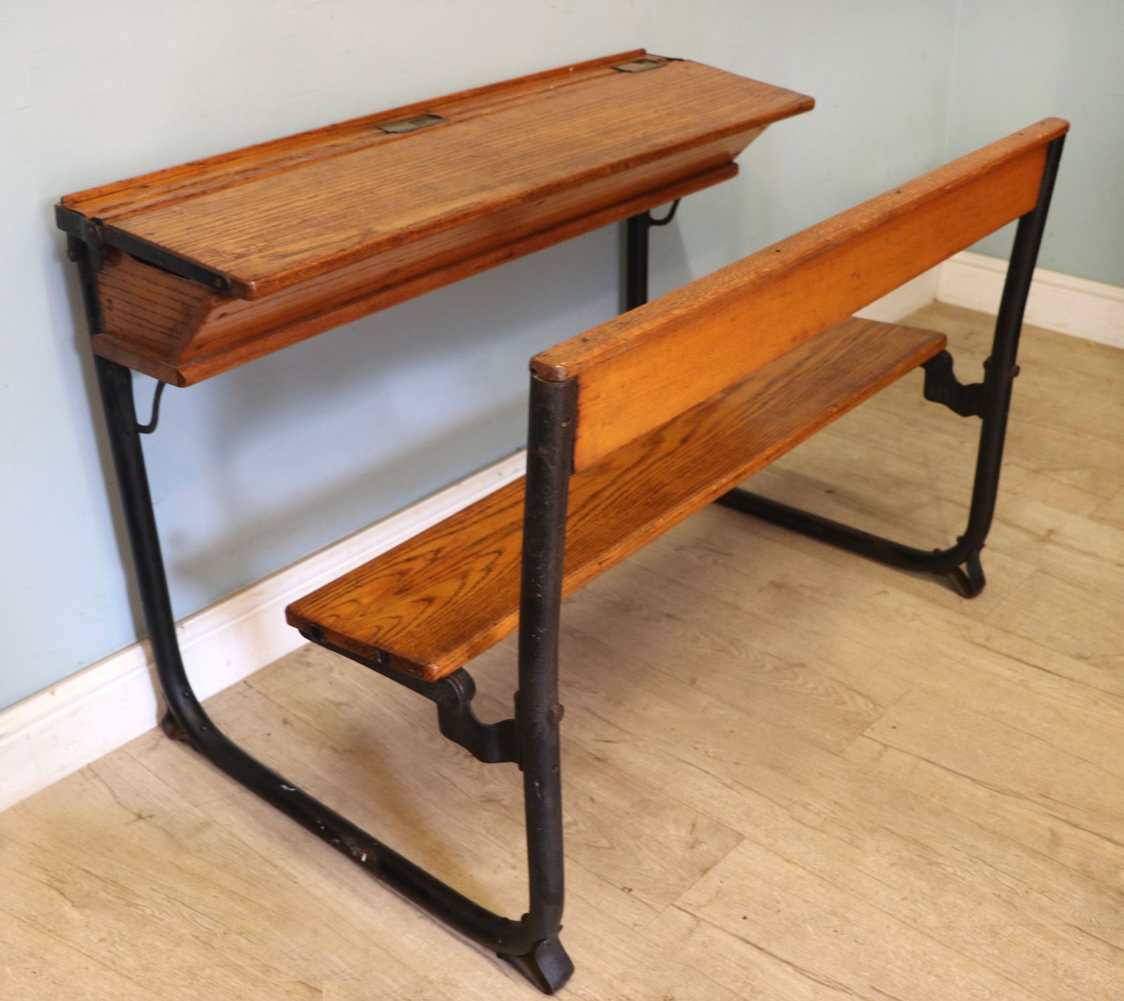 A Wonderful Early 20th Century Oak And Iron Framed School Desk And Integral Chair. photo buy