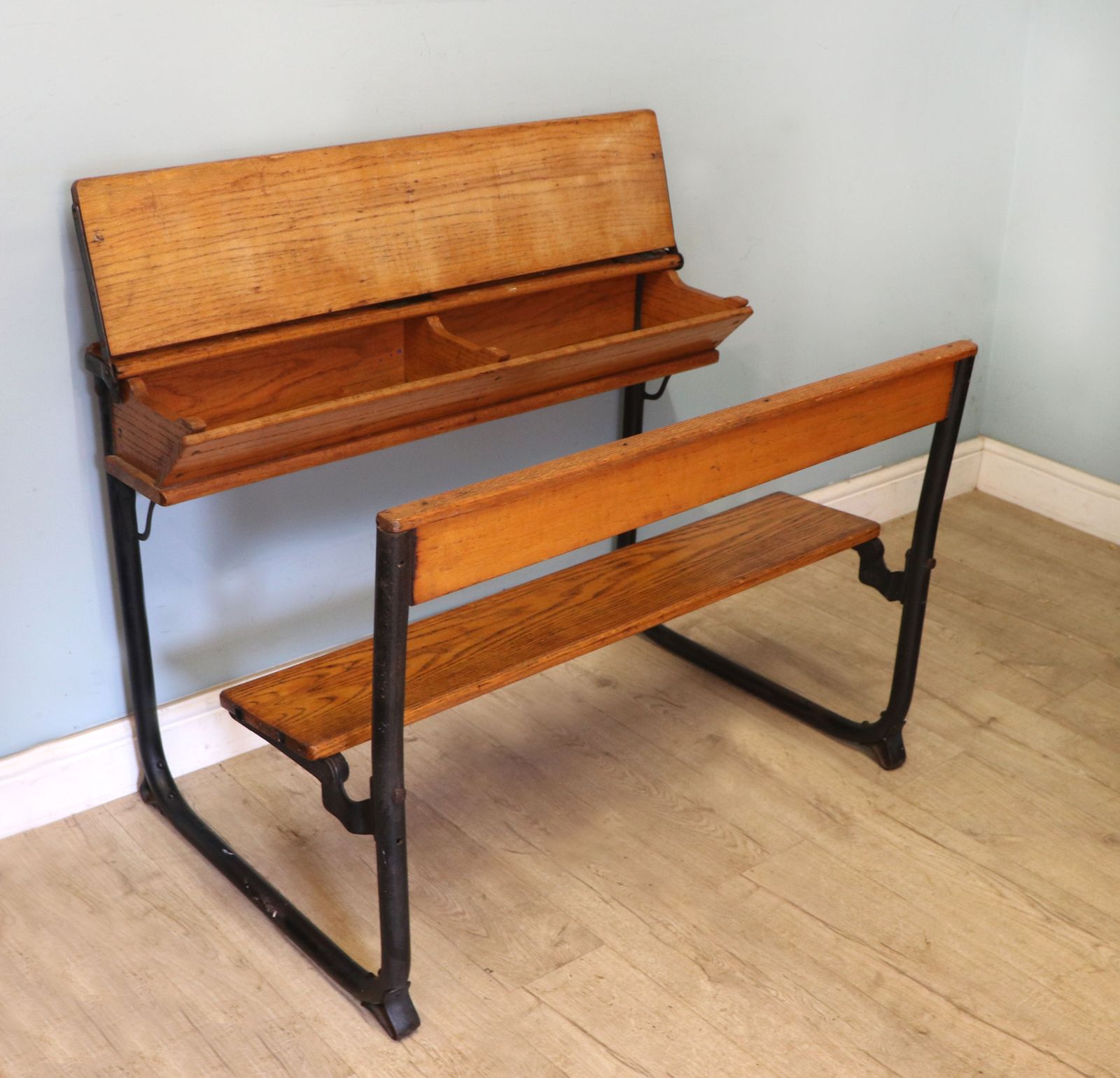 A Wonderful Early 20th Century Oak And Iron Framed School Desk And Integral Chair. photo vintage