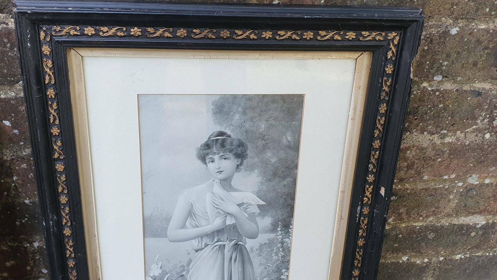 Pair Of Vintage Early 20th Century Prints Wounded Dove And Labor Of Love Pretty Lady With Doves Print photo 116.0