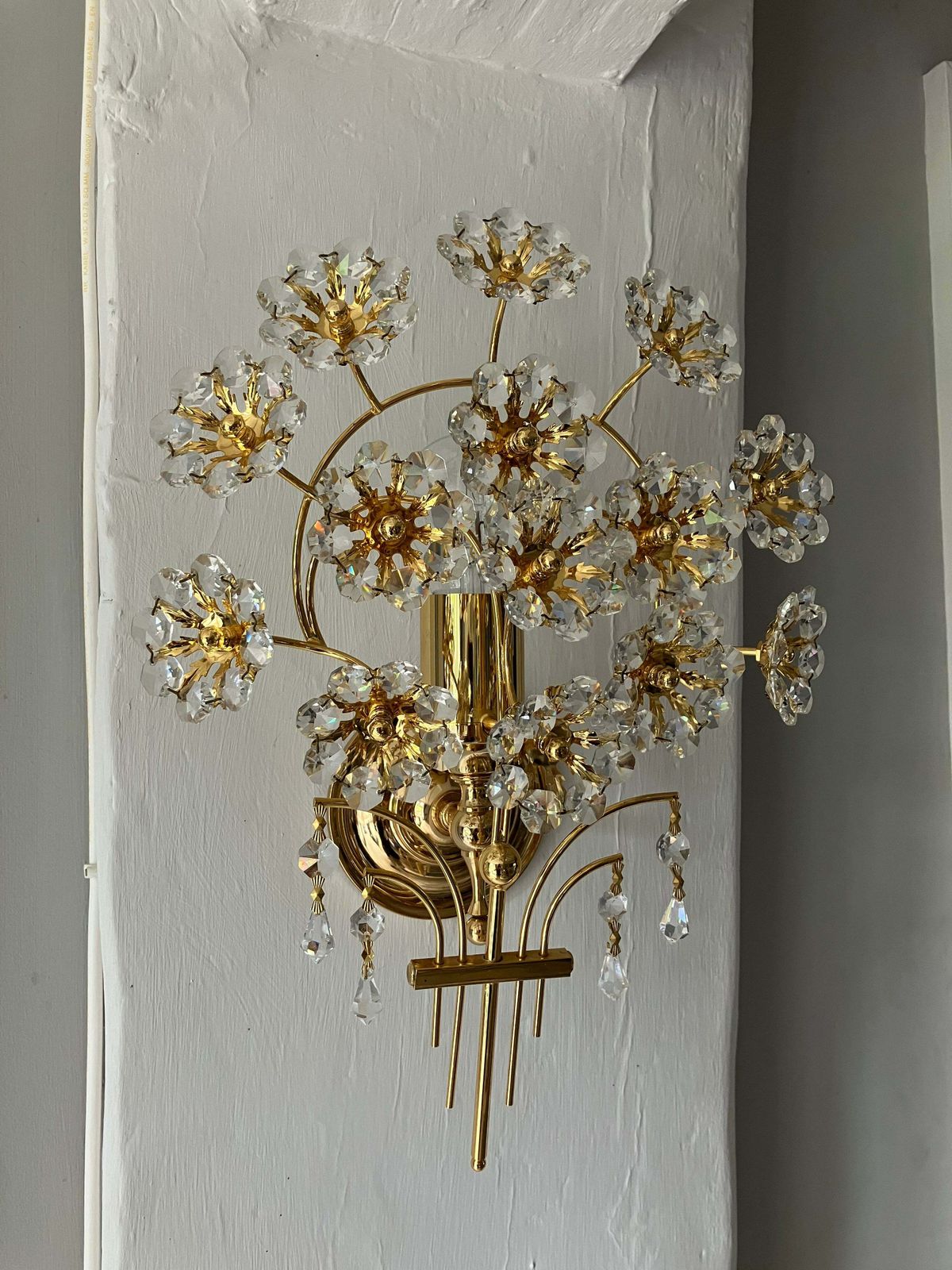 Pair Of Gold Plated Brass And Crystal Glass Flower Wall Lamps Sconces By Palwa, 1960 photo Lighting