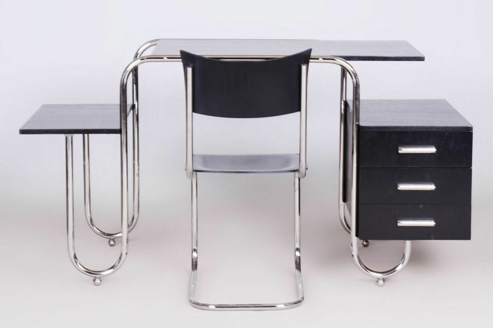 Restored Bauhaus Oak Writing Desk, Designed By French Architect André Lurcat, Made By Robert Slezak, Chrome Plated Steel, Czechia, 1930s photo Furniture