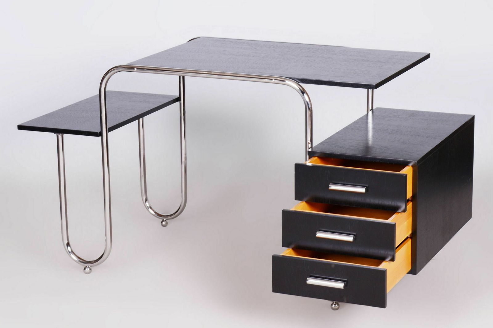 Restored Bauhaus Oak Writing Desk, Designed By French Architect André Lurcat, Made By Robert Slezak, Chrome Plated Steel, Czechia, 1930s photo vintage
