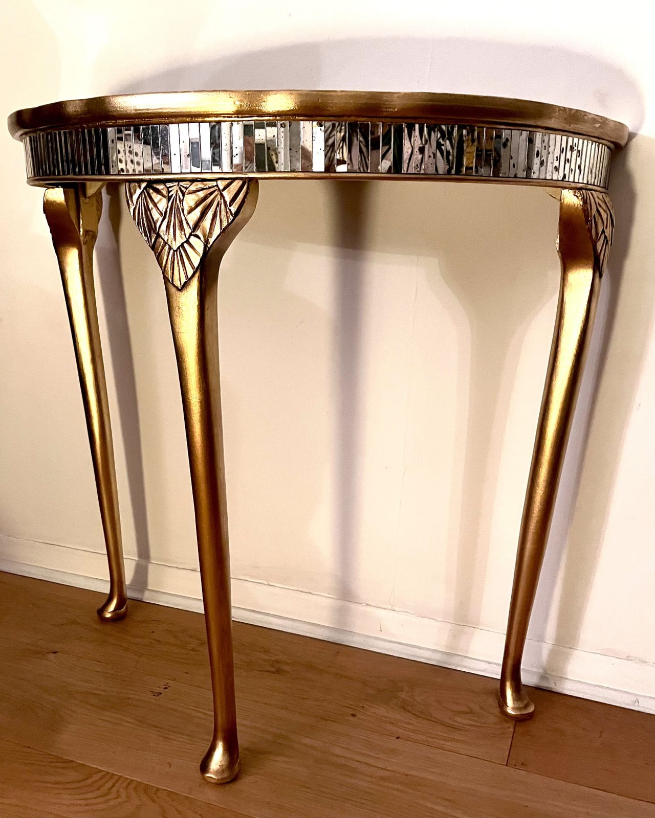 photo furniture Vintage Gold Gilt Demilune Table With Mirrored Glass