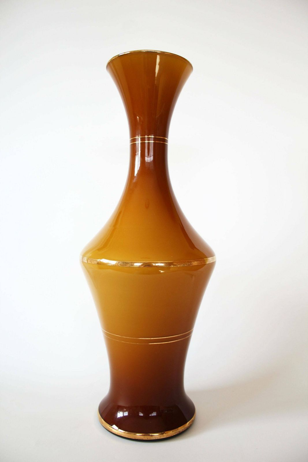 Tall Lg Opaline Glass Vase, Amber Brown Glass And Gold Rims, Hand Made, Mid Century Vase, Italy, Label, Light Scratches, Empoli photo Home Decor