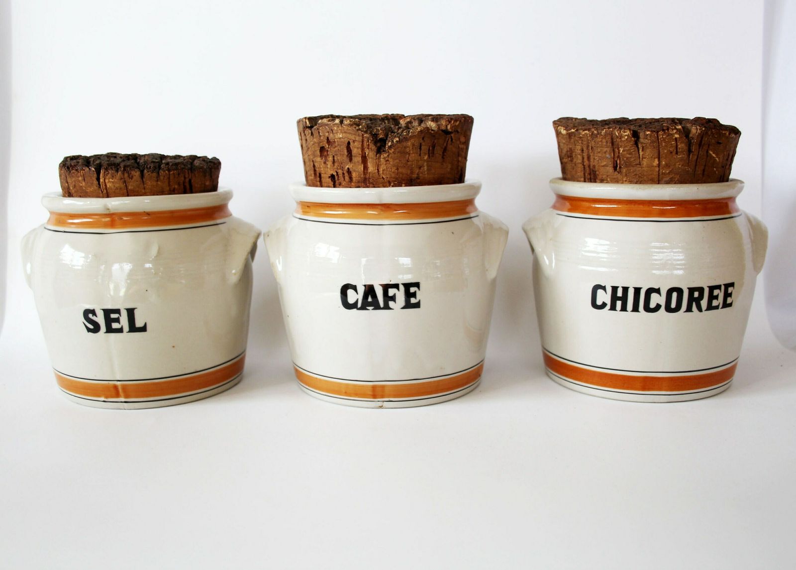 Drie Vintage Franse Lml Limoges Zoutgeglazuurde Keramische Potten – Steengoed Keukenpotten, Aardewerk Voorraadpotten Met Kurken Deksel, Landelijke Stijl