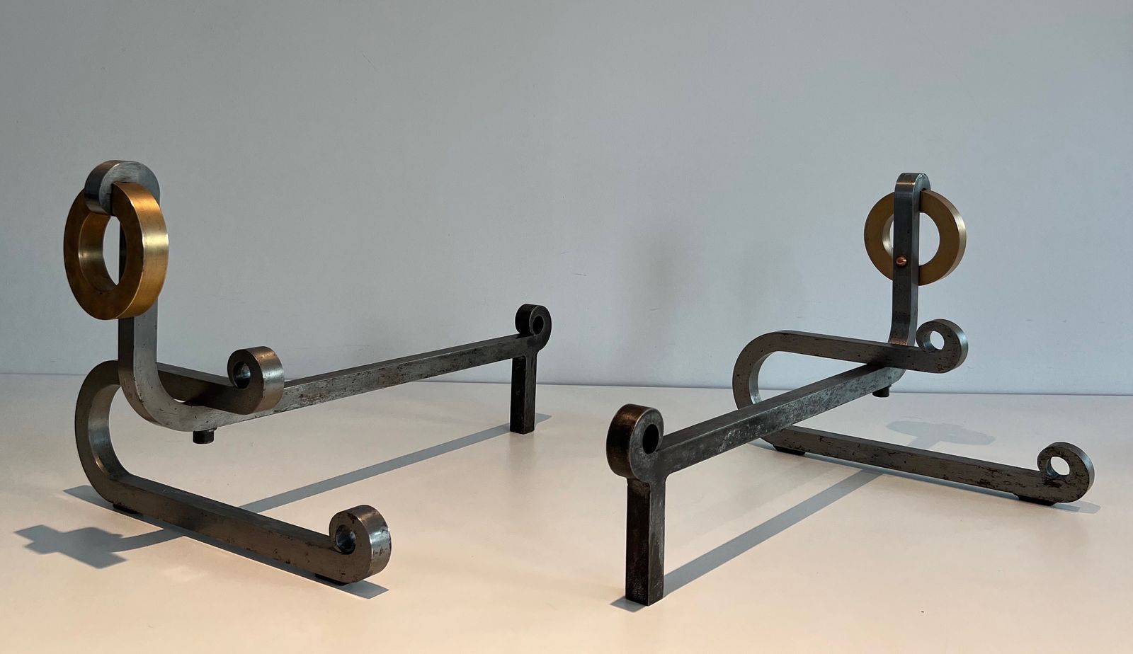 Pair Of Modernist Andirons In Chromed Steel, Brass And Wrought Iron photo furniture