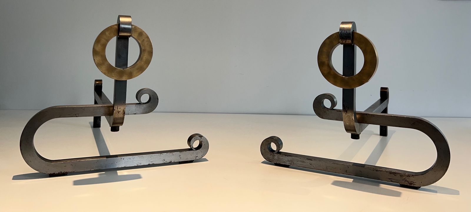 photo for sale Pair Of Modernist Andirons In Chromed Steel, Brass And Wrought Iron