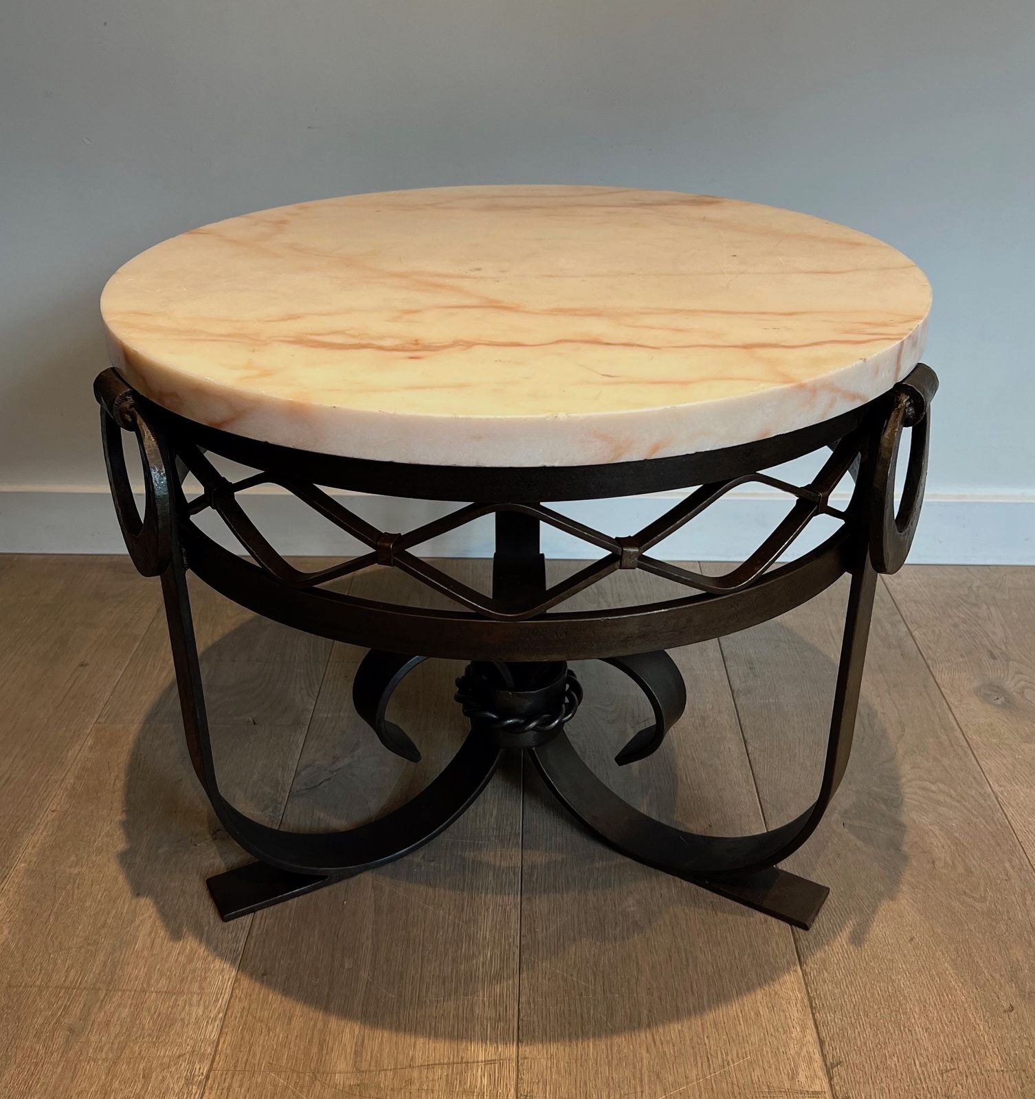 Art Deco Wrought And Hammered Iron Pedestal Table With White Marble Top photo Furniture