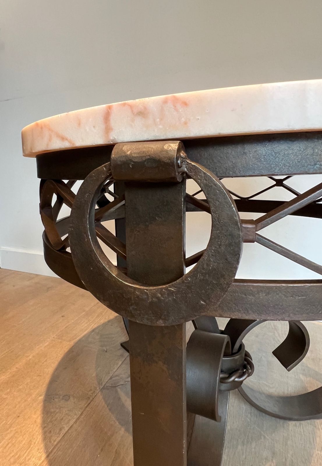 Art Deco Wrought And Hammered Iron Pedestal Table With White Marble Top photo vinterior