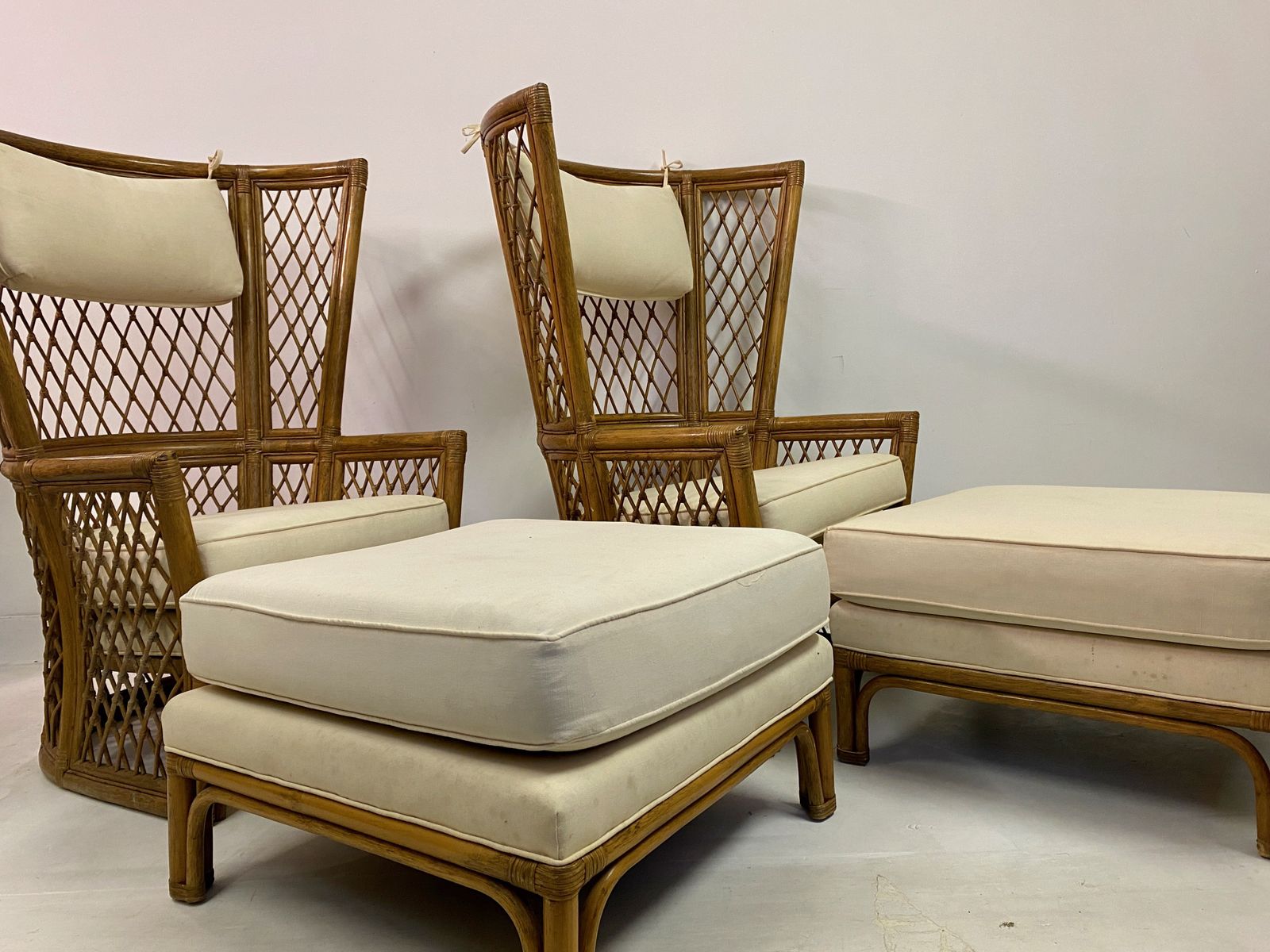 Pair Of 1980s High Back Bamboo Chairs With Ottomans photo furniture