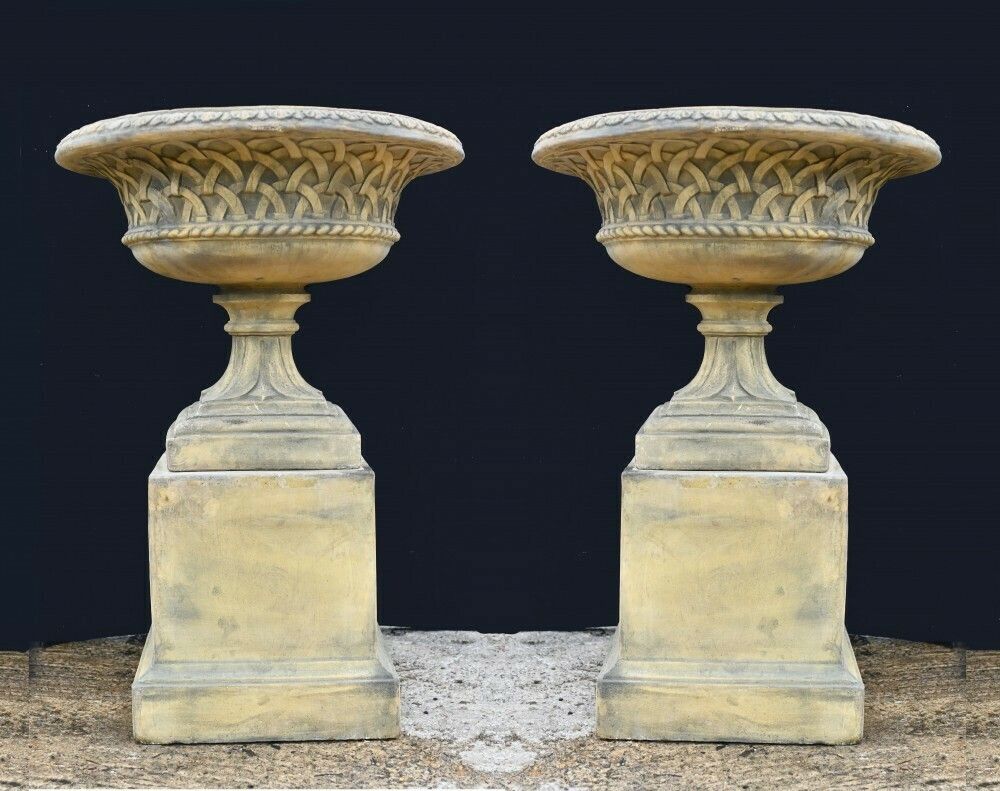 Pair Terracotta Garden Urns Pedestal Classical Celtic Gothic photo furniture