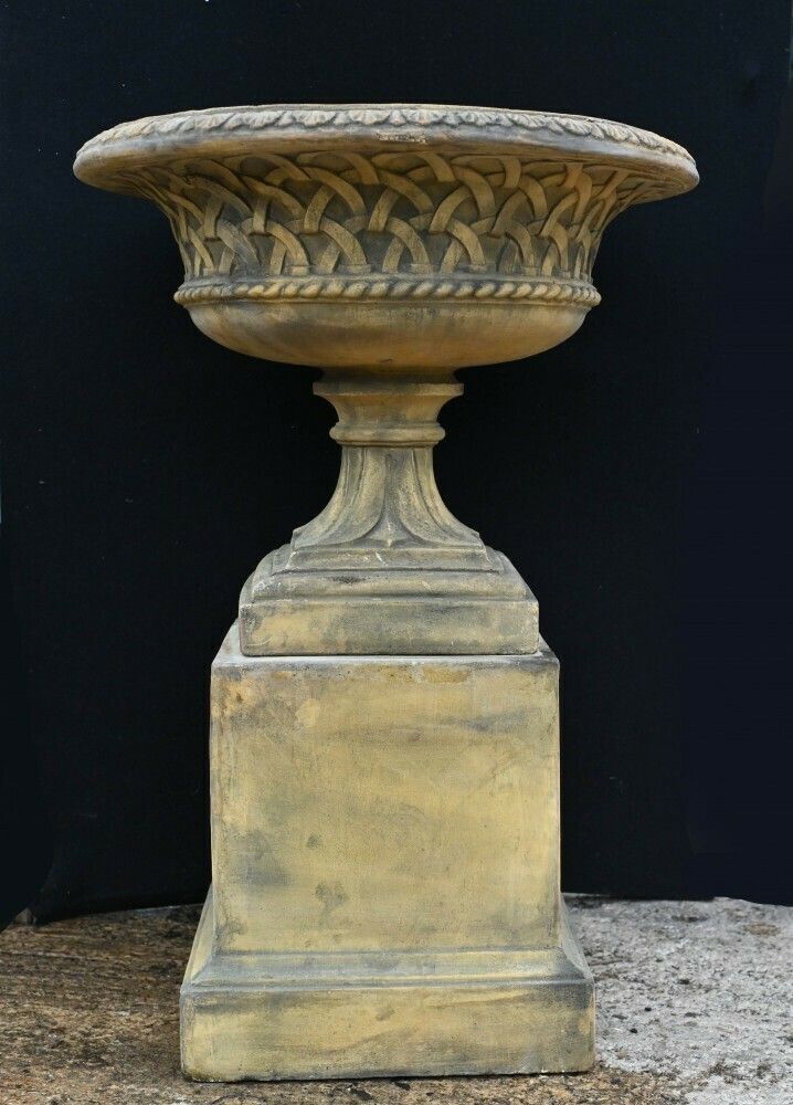 Pair Terracotta Garden Urns Pedestal Classical Celtic Gothic photo for sale