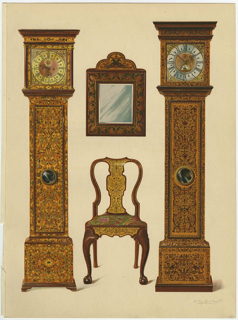 Antique Print Of English Furniture 'Clocks, Mirror, Chair'
