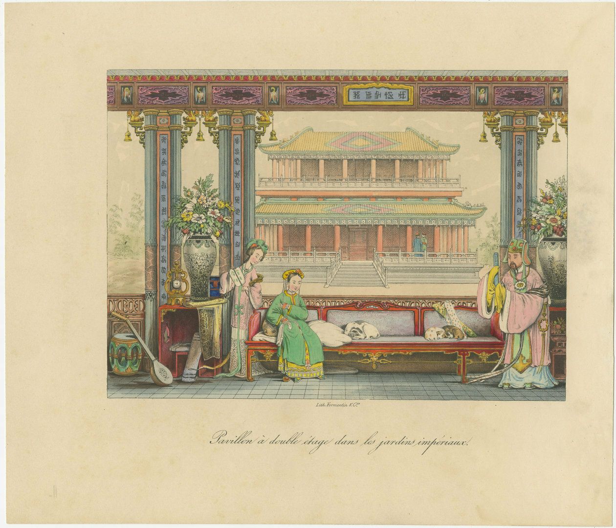 Antique Print Of A Double Storey Pavilion In The Imperial Gardens