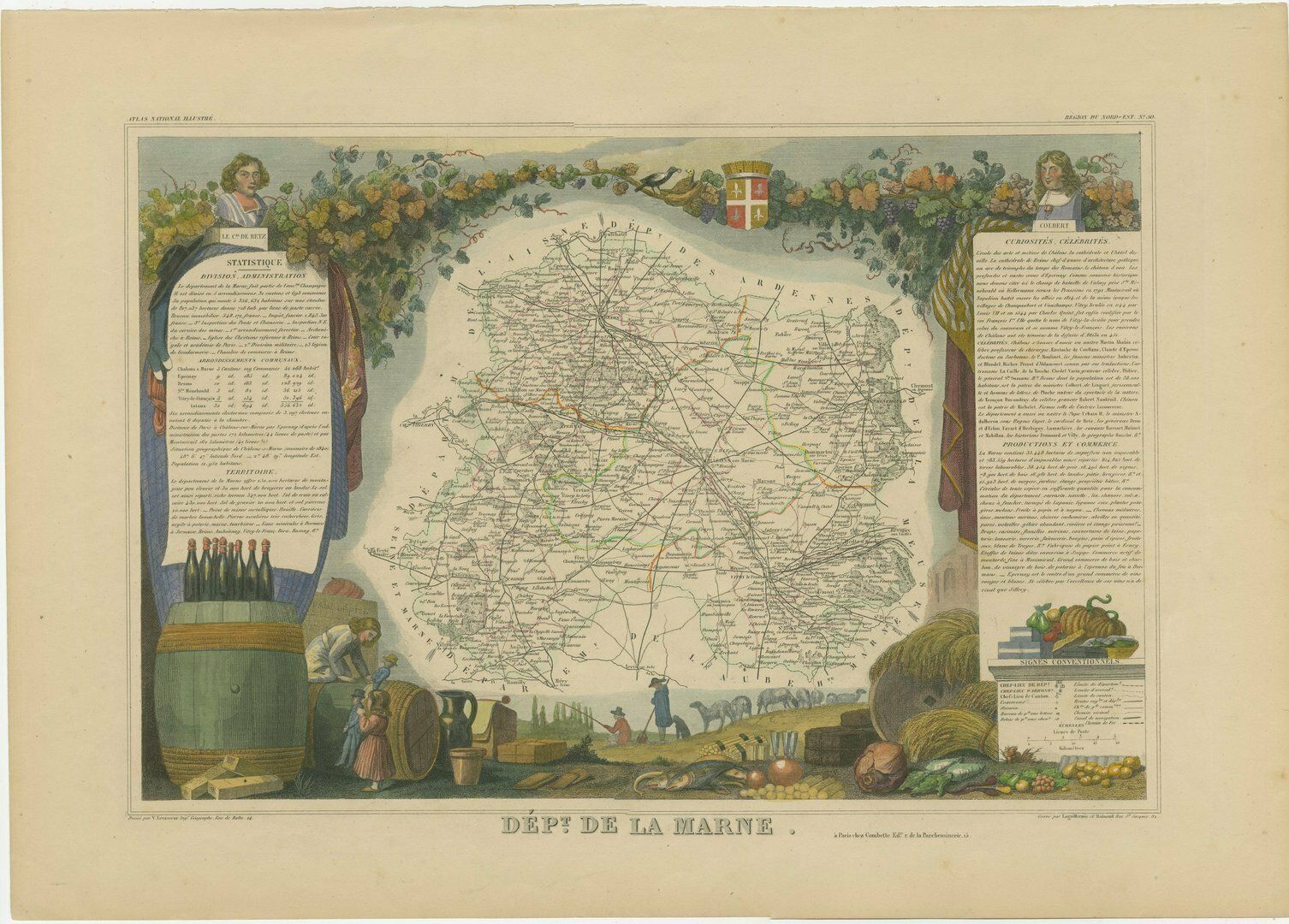 Hand Colored Antique Map Of The Department Of Marne, France