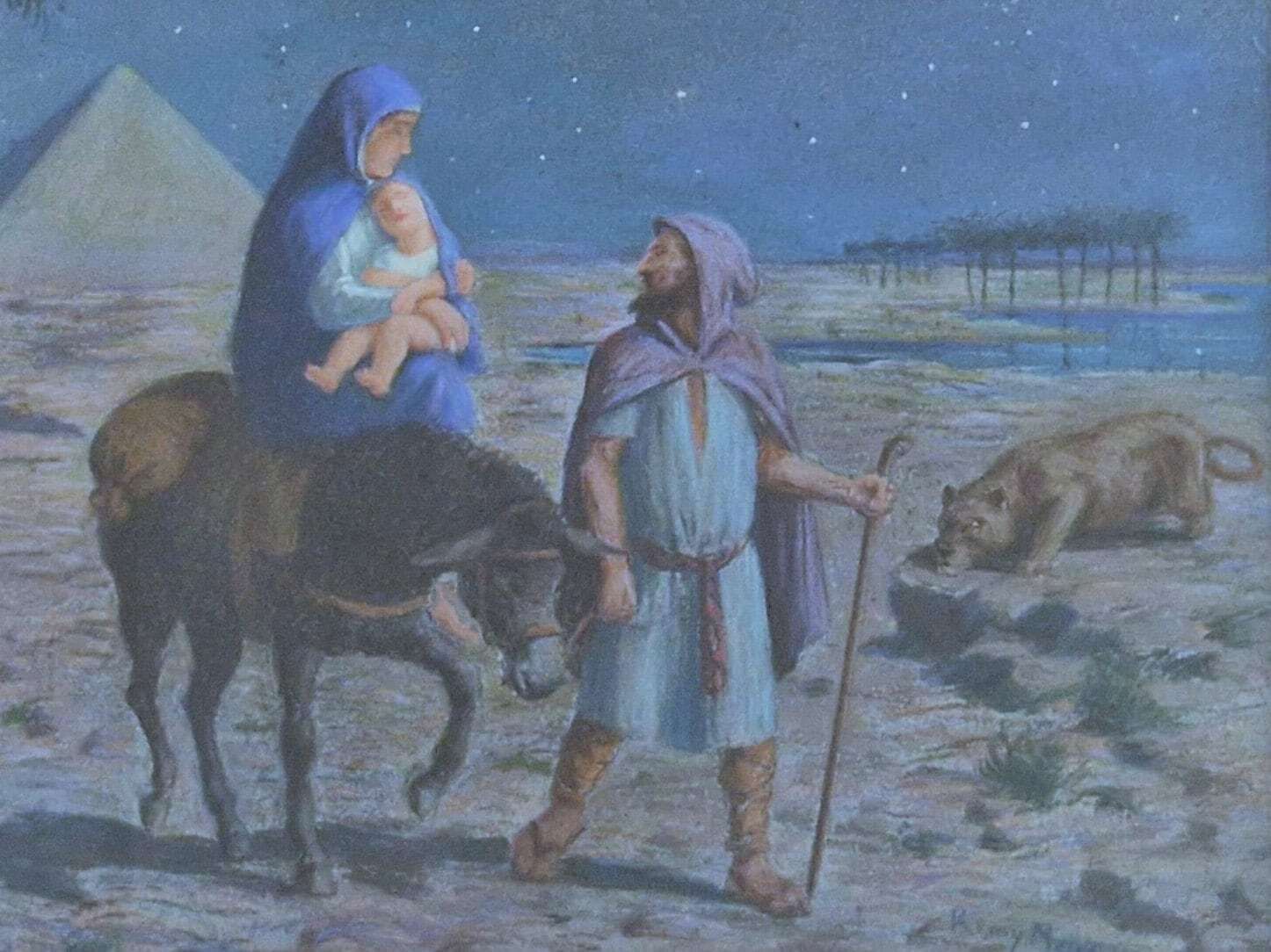 Flight Into Egypt Of The Holy Family By Remy Mayan, Framed Pastel Drawing Of Nativity Of Jesus, Christmas Art And Home Decor photo for sale