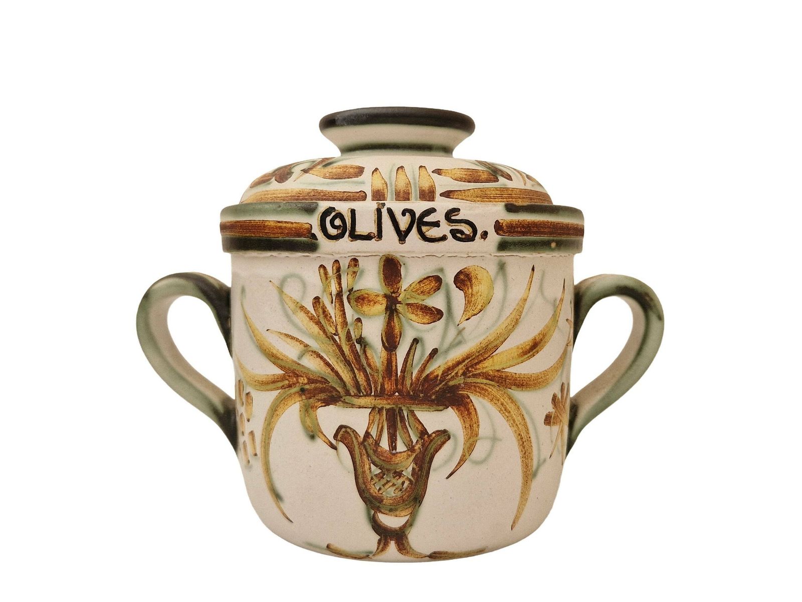 Keraluc Quimper Ceramic Olive Jar, French Mid Century Hand Painted Pottery Lidded Pot