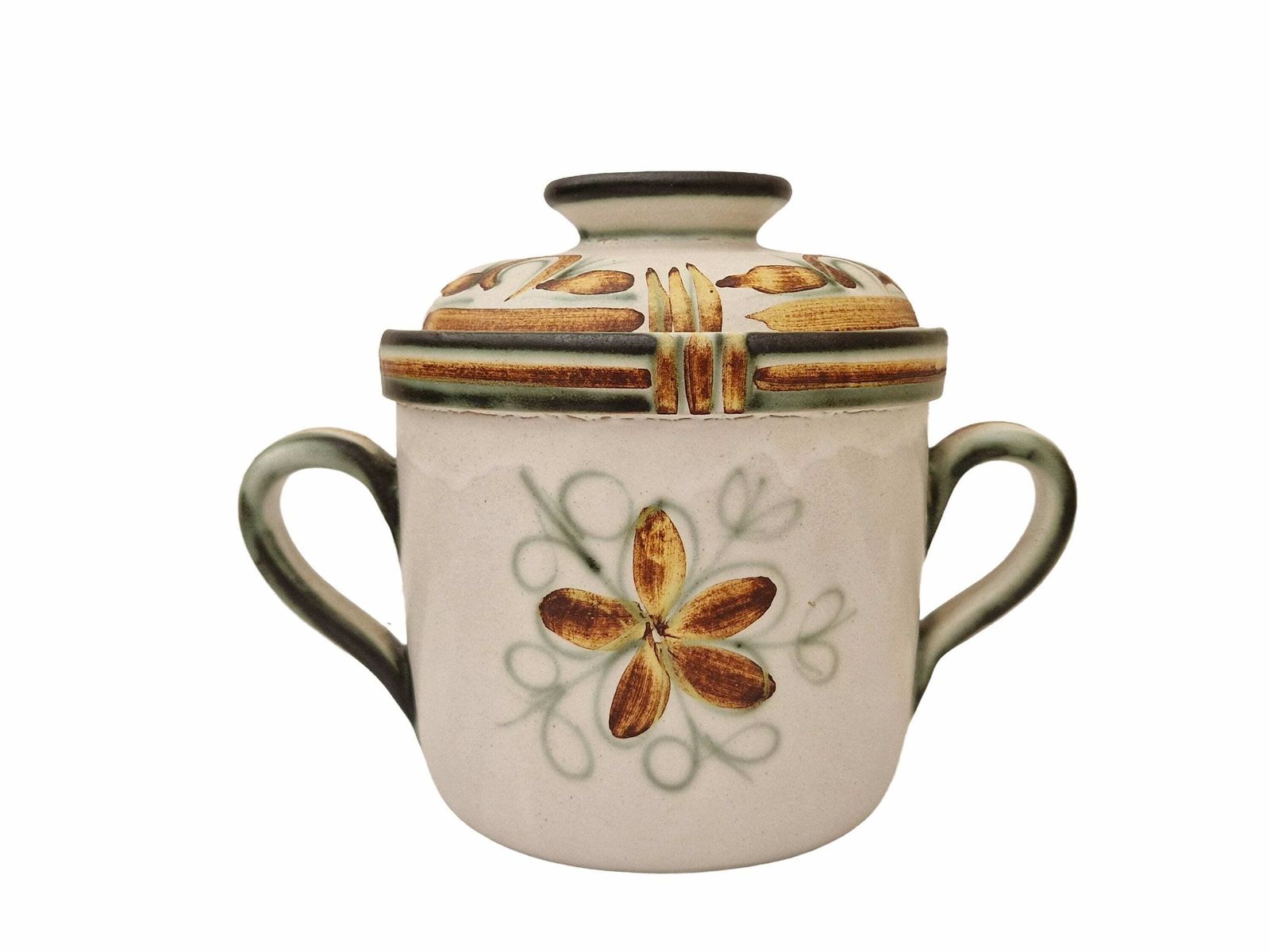 Keraluc Quimper Ceramic Olive Jar, French Mid Century Hand Painted Pottery Lidded Pot photo vinterior