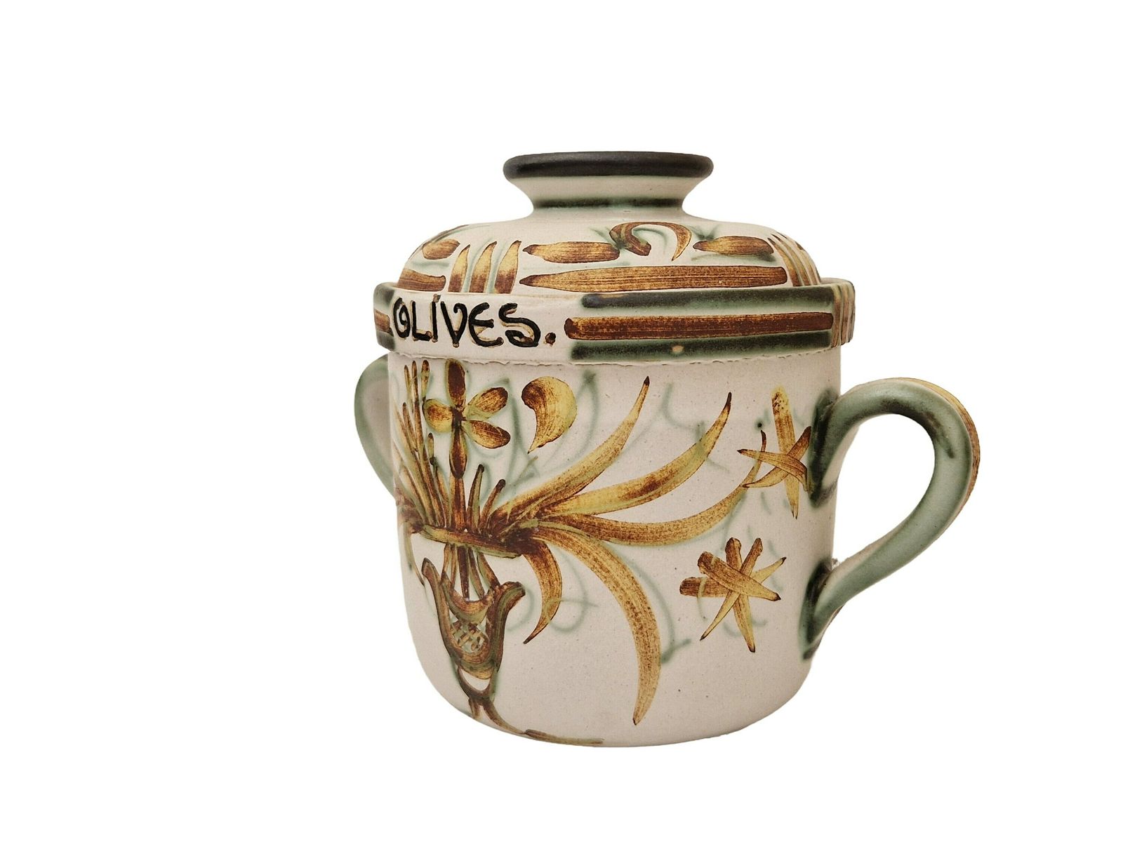 Keraluc Quimper Ceramic Olive Jar, French Mid Century Hand Painted Pottery Lidded Pot photo buy