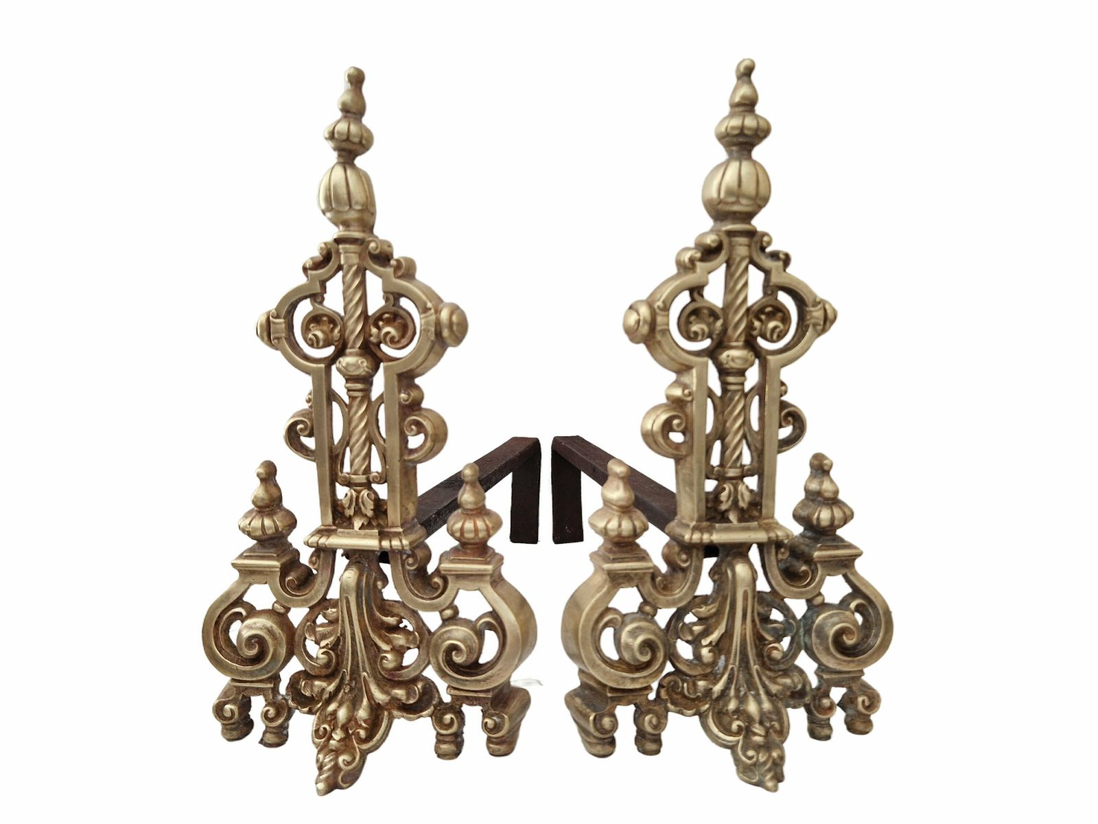 Antique French Brass Fireplace Chenets, A Pair, 19th Century Provincial Andirons