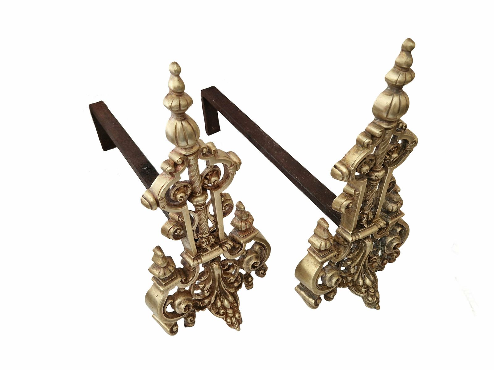 Antique French Brass Fireplace Chenets, A Pair, 19th Century Provincial Andirons photo for sale