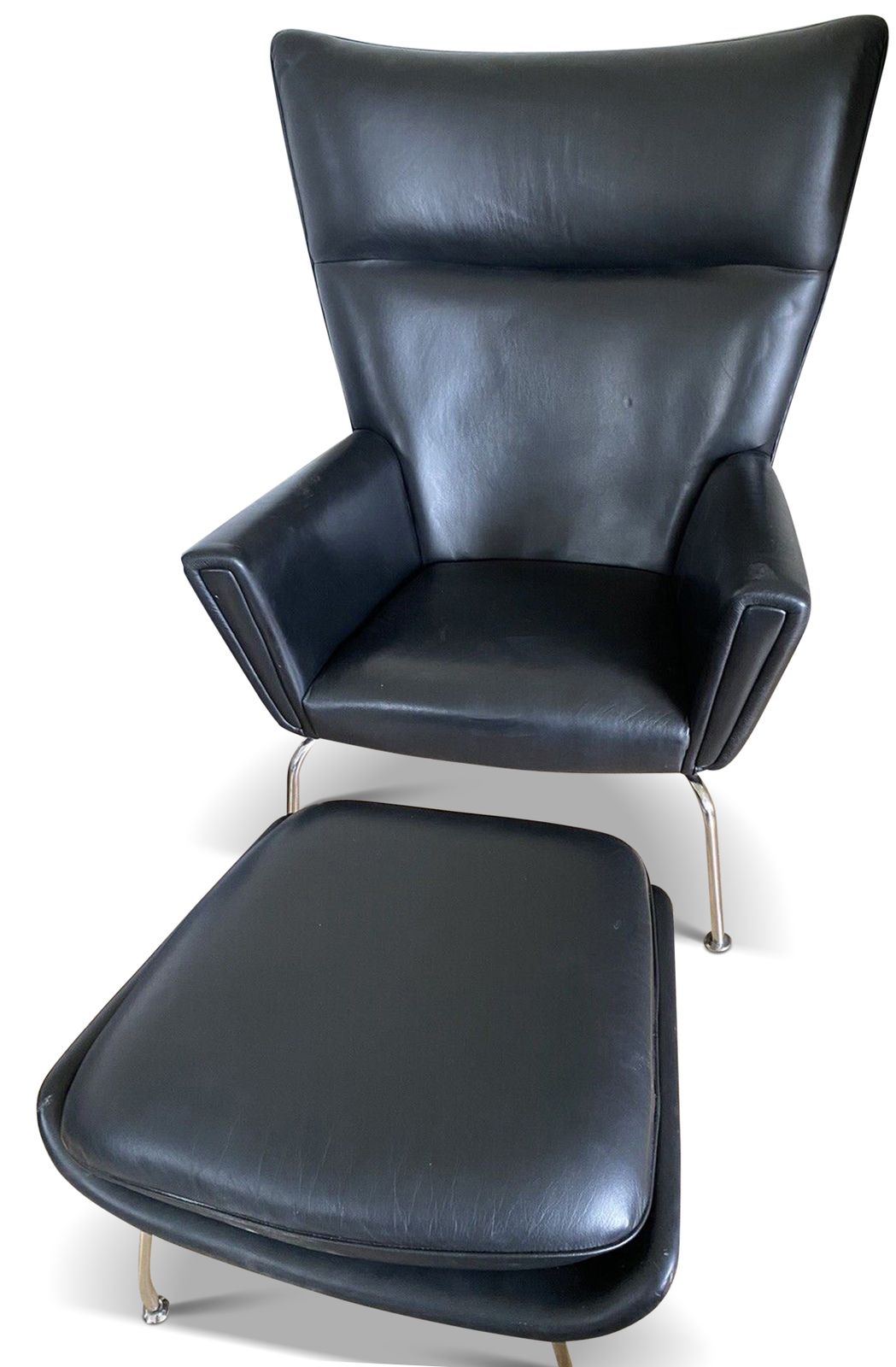 Hans J Wegner Ch445 Design Premium Black Leather And Stainless Steel Wing Armchair Complete With Matching Footstool Ol photo 3700.0