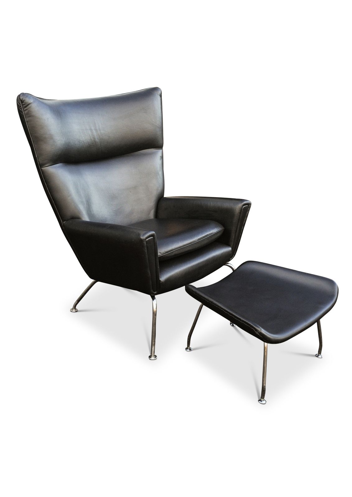 Hans J Wegner Ch445 Design Premium Black Leather And Stainless Steel Wing Armchair Complete With Matching Footstool Ol