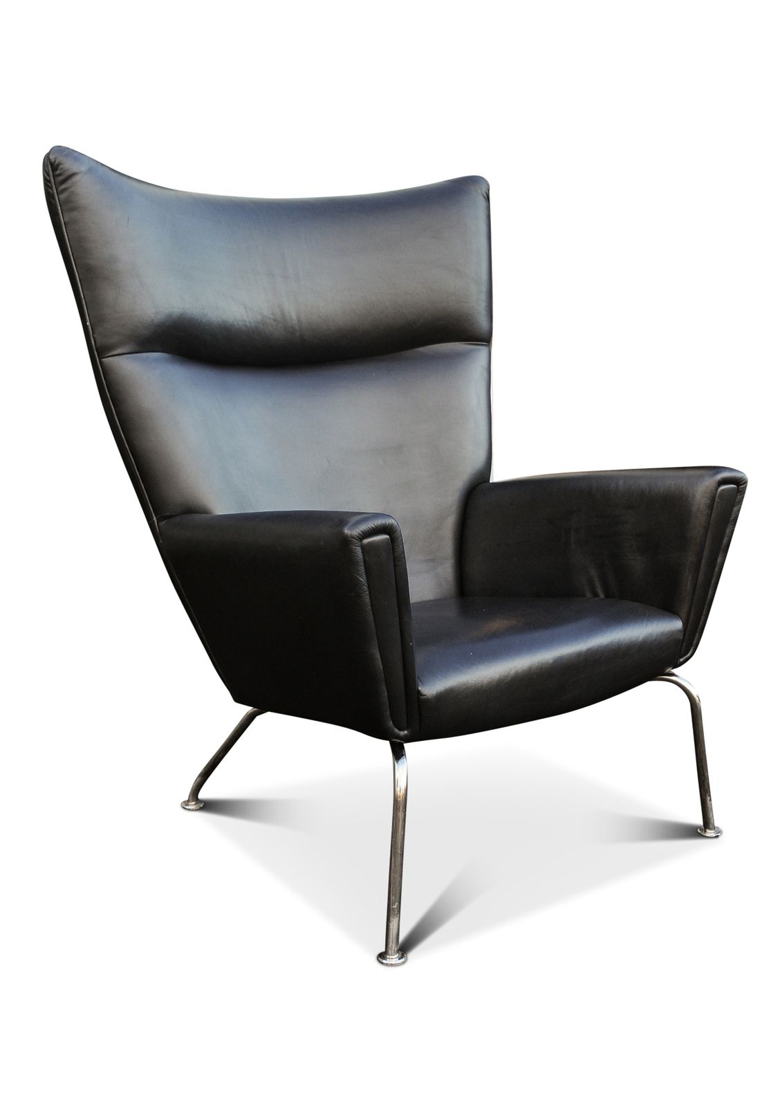 Hans J Wegner Ch445 Design Premium Black Leather And Stainless Steel Wing Armchair Complete With Matching Footstool Ol photo vintage