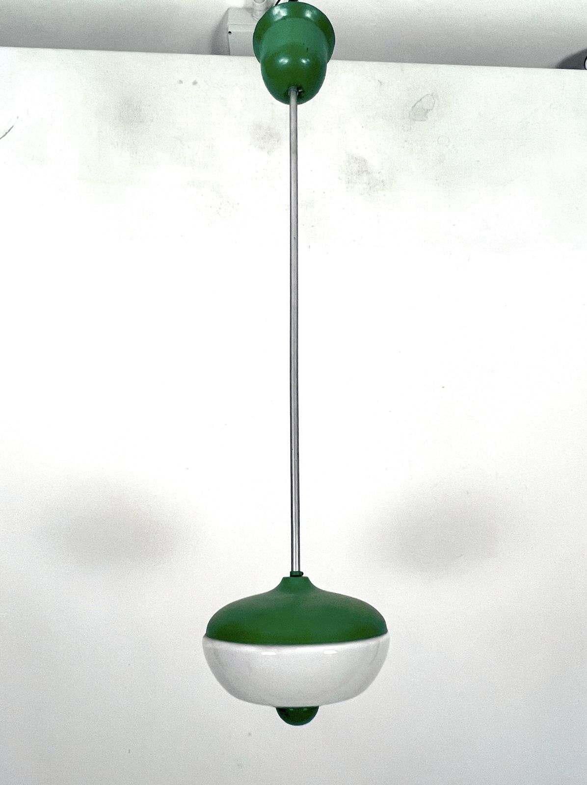 Mid Century Green Lacquer And Milk Glass Pendant. Italy 1950s photo for sale