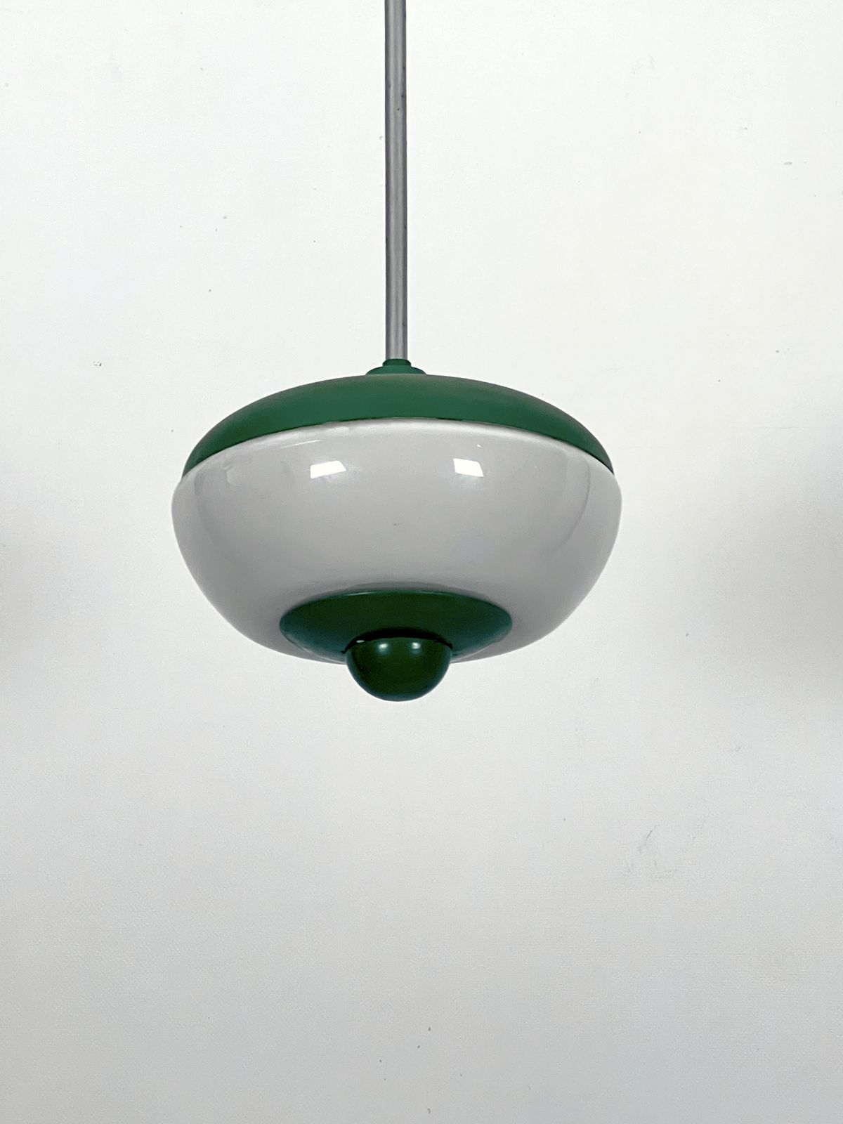 Mid Century Green Lacquer And Milk Glass Pendant. Italy 1950s photo vinterior