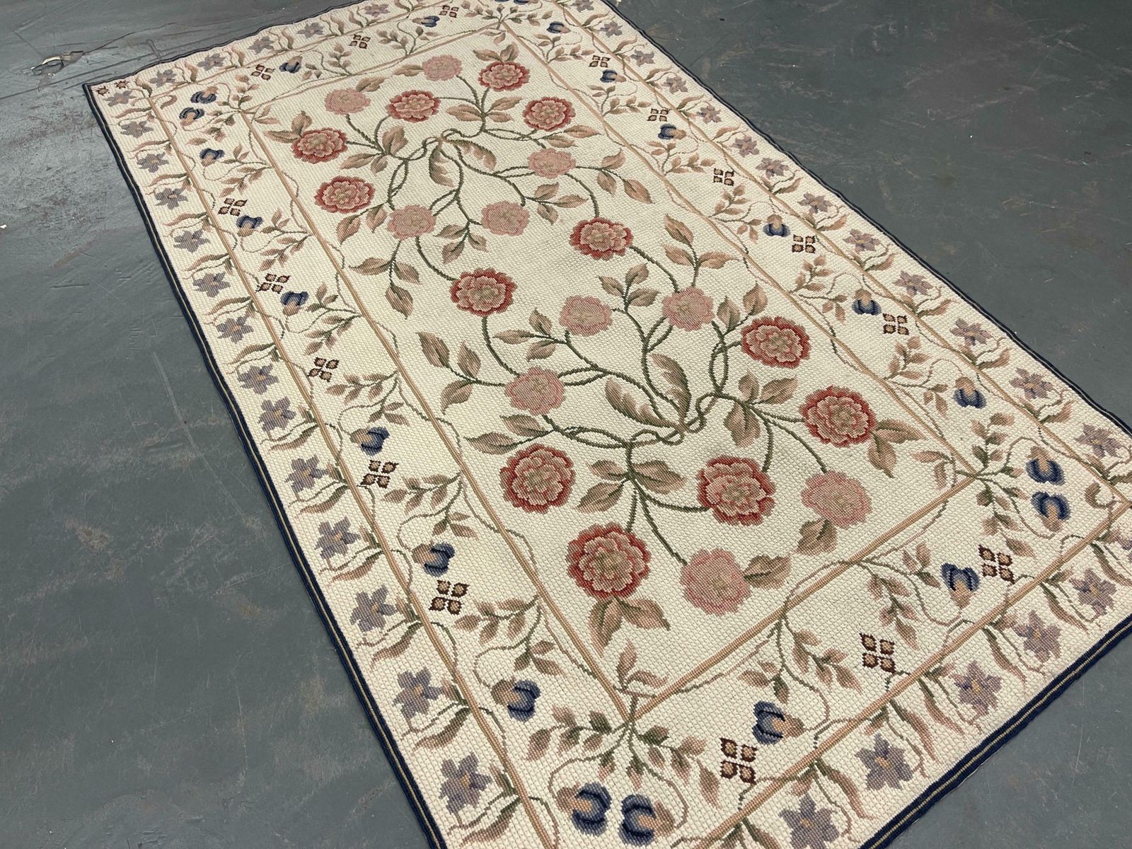 Beige Floral Aubusson Rug Handwoven Wool Needlepoint, Traditional Botanical Rug photo furniture