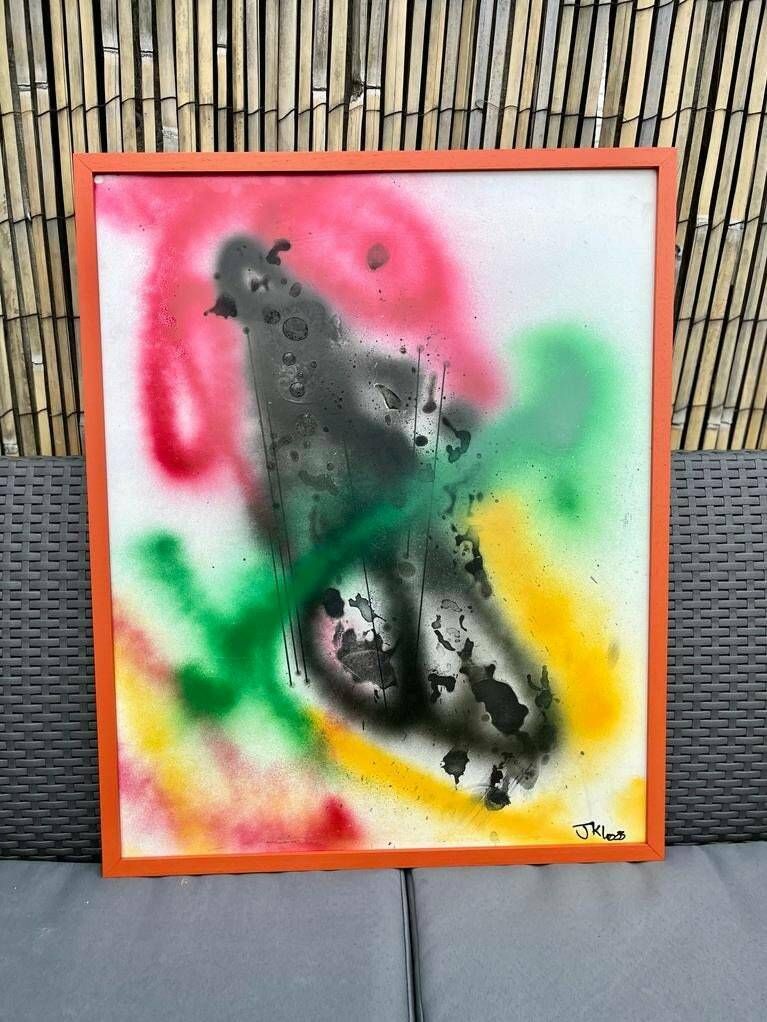 Original Contemporary Orange Hand Painted Framed Mixed Media On Board Spray Paint ‘Untitled’ J Kloss