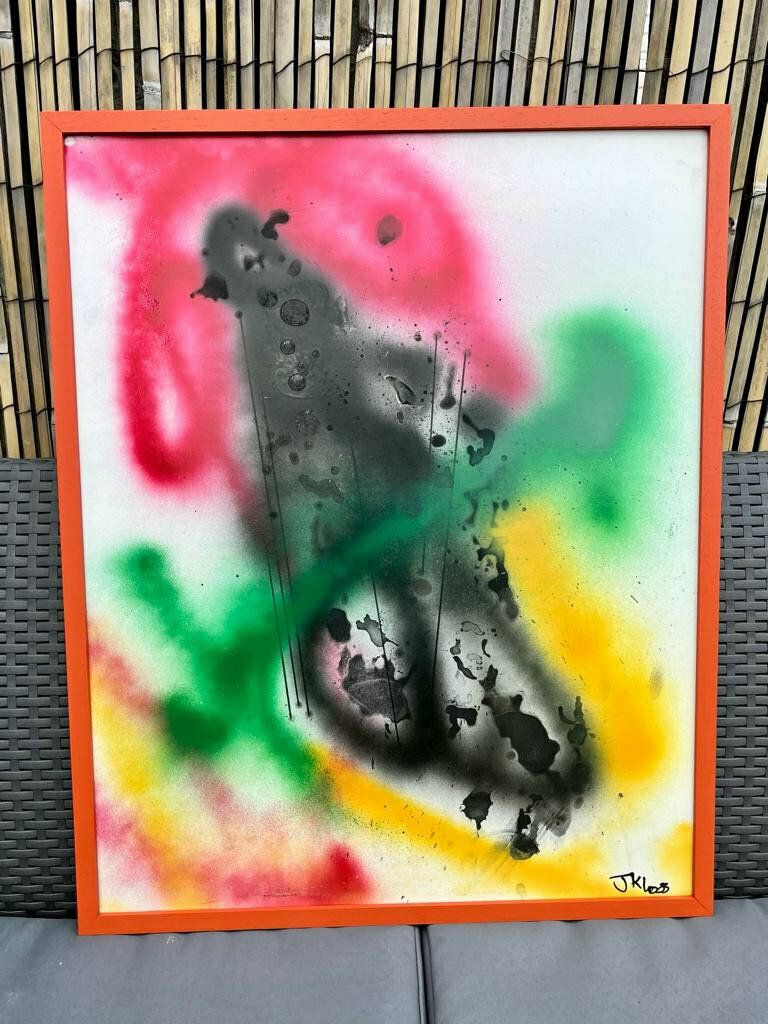 Original Contemporary Orange Hand Painted Framed Mixed Media On Board Spray Paint ‘Untitled’ J Kloss photo for sale