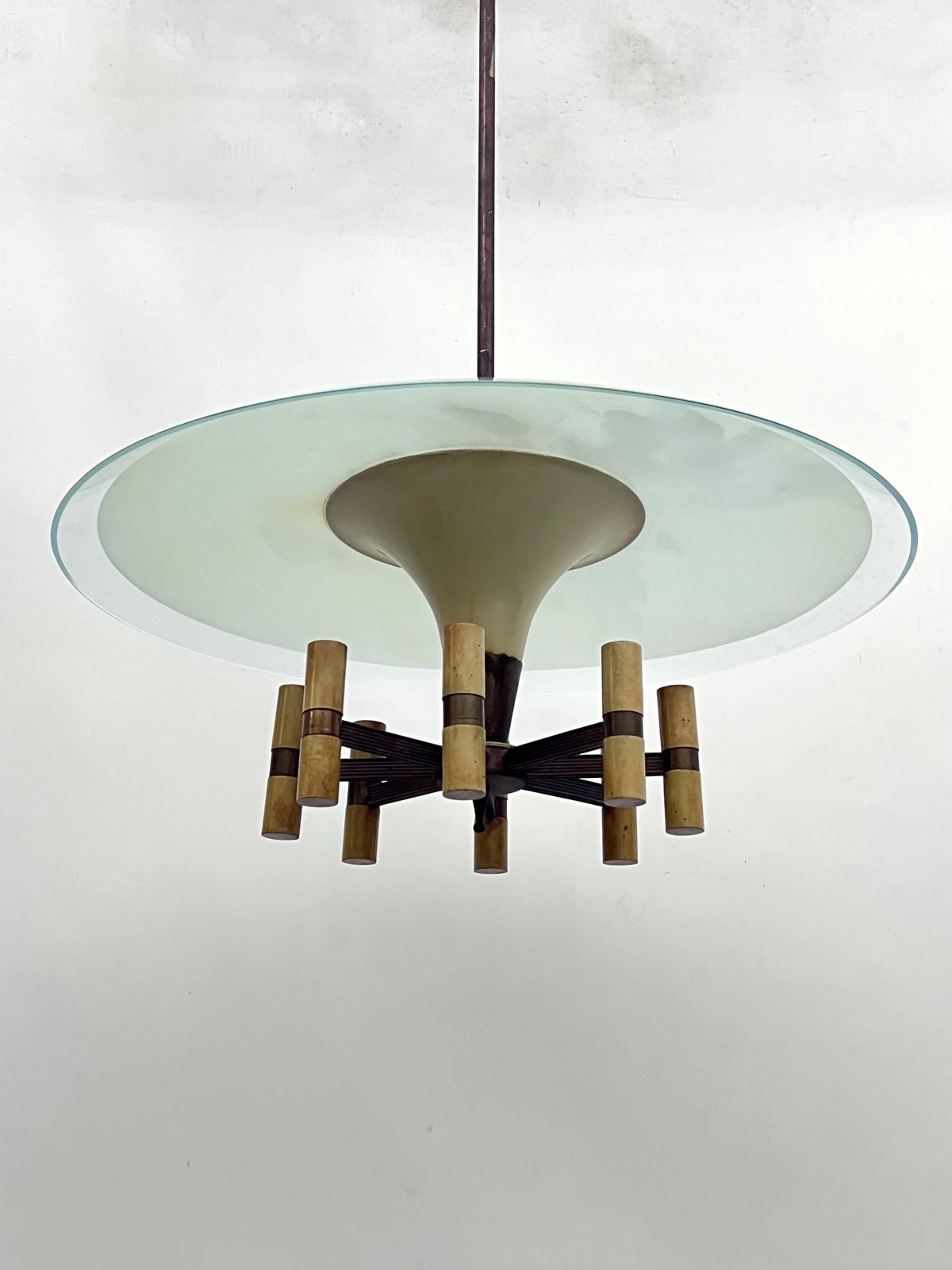 Mid Century Fontana Arte Manner Curved Glass Disk Chandelier. Italy 1950s photo furniture