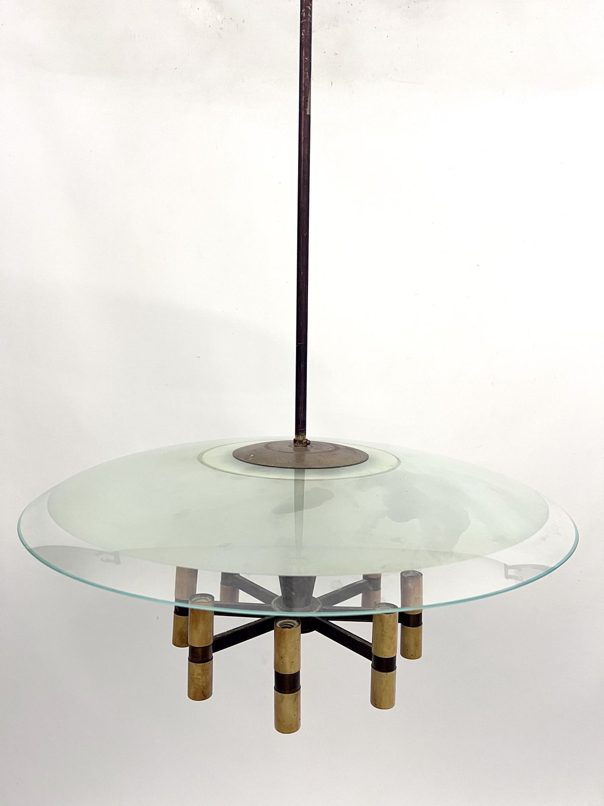 photo vinterior Mid Century Fontana Arte Manner Curved Glass Disk Chandelier. Italy 1950s