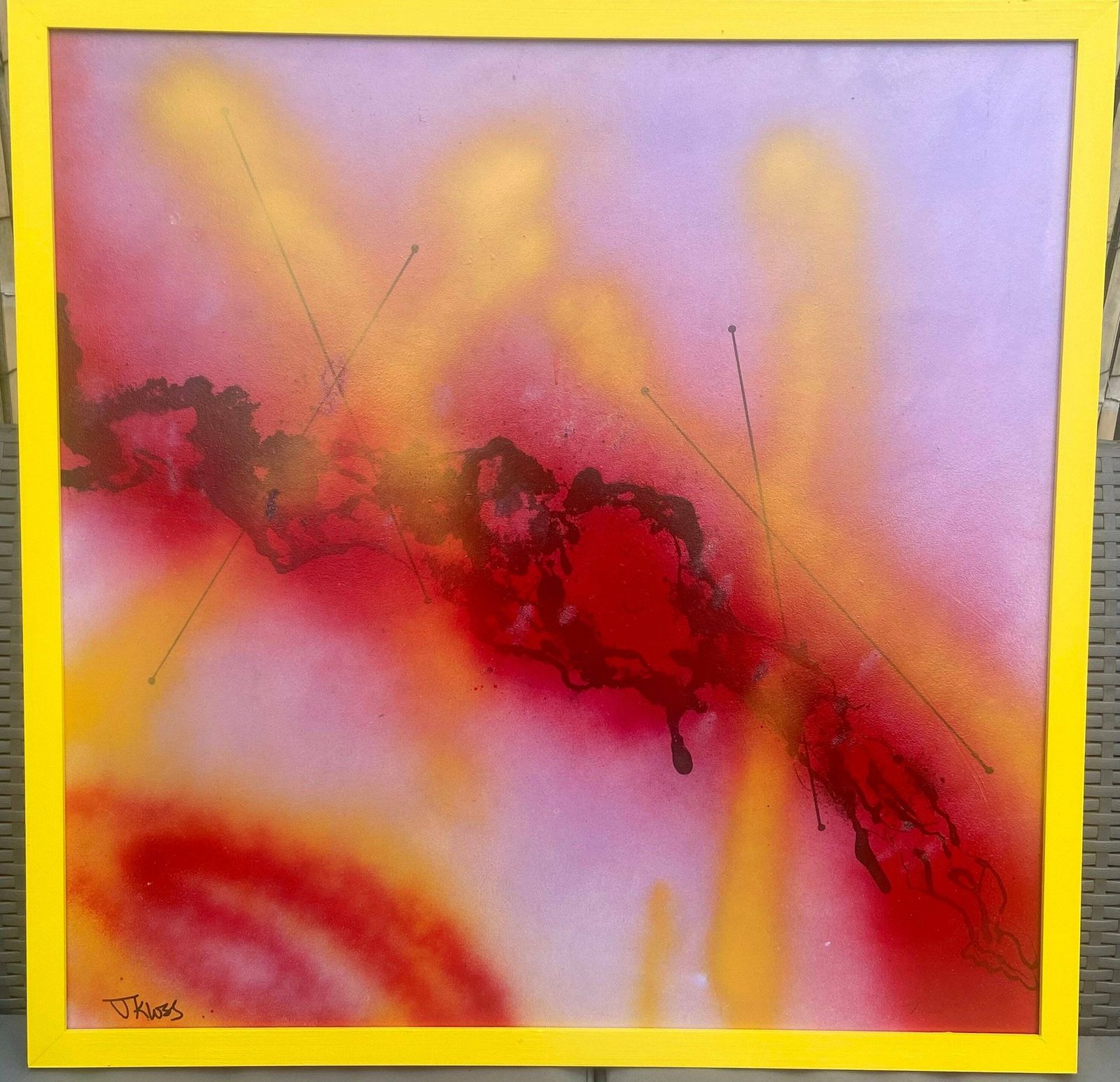 Original Contemporary Yellow Hand Painted Framed Mixed Media On Board Spray Paint ‘Sunrise’ J Kloss photo furniture