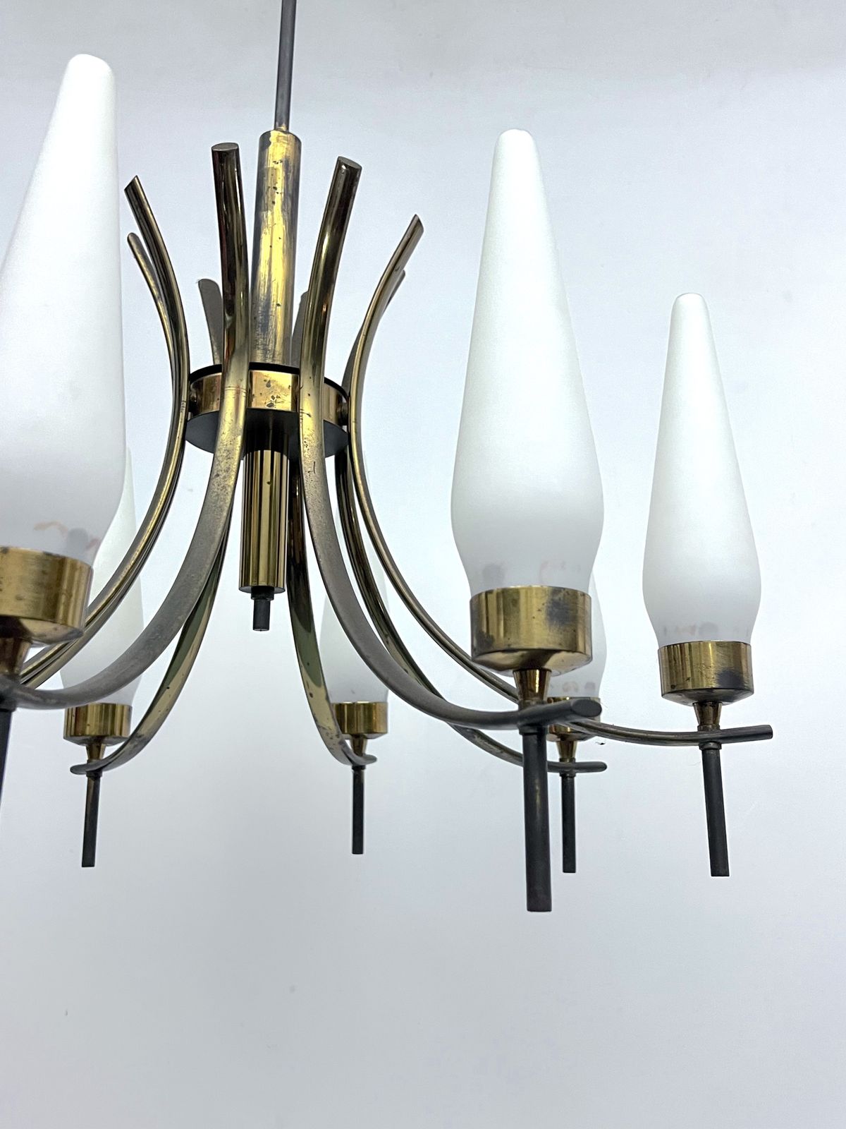 Mid Century 8 Lights Brass And Opaline Glass Chandelier. Italy 1950s photo vintage