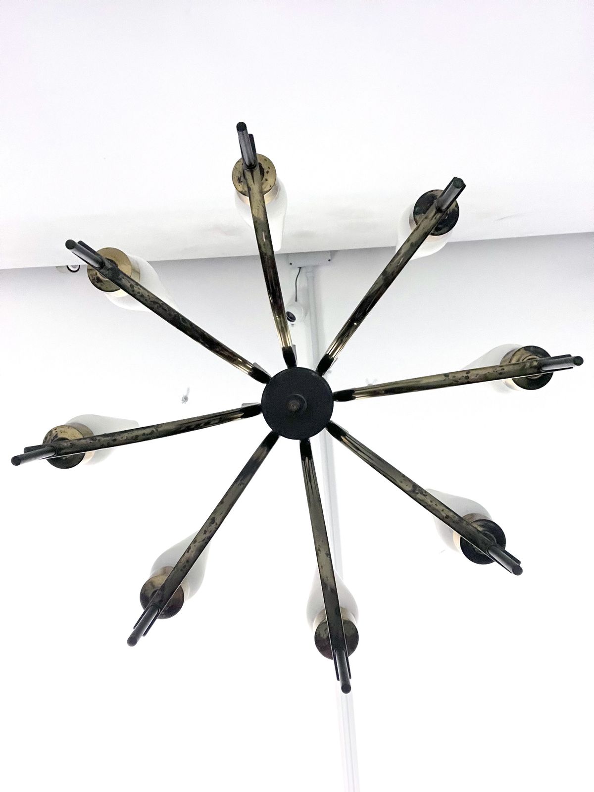 photo for sale Mid Century 8 Lights Brass And Opaline Glass Chandelier. Italy 1950s