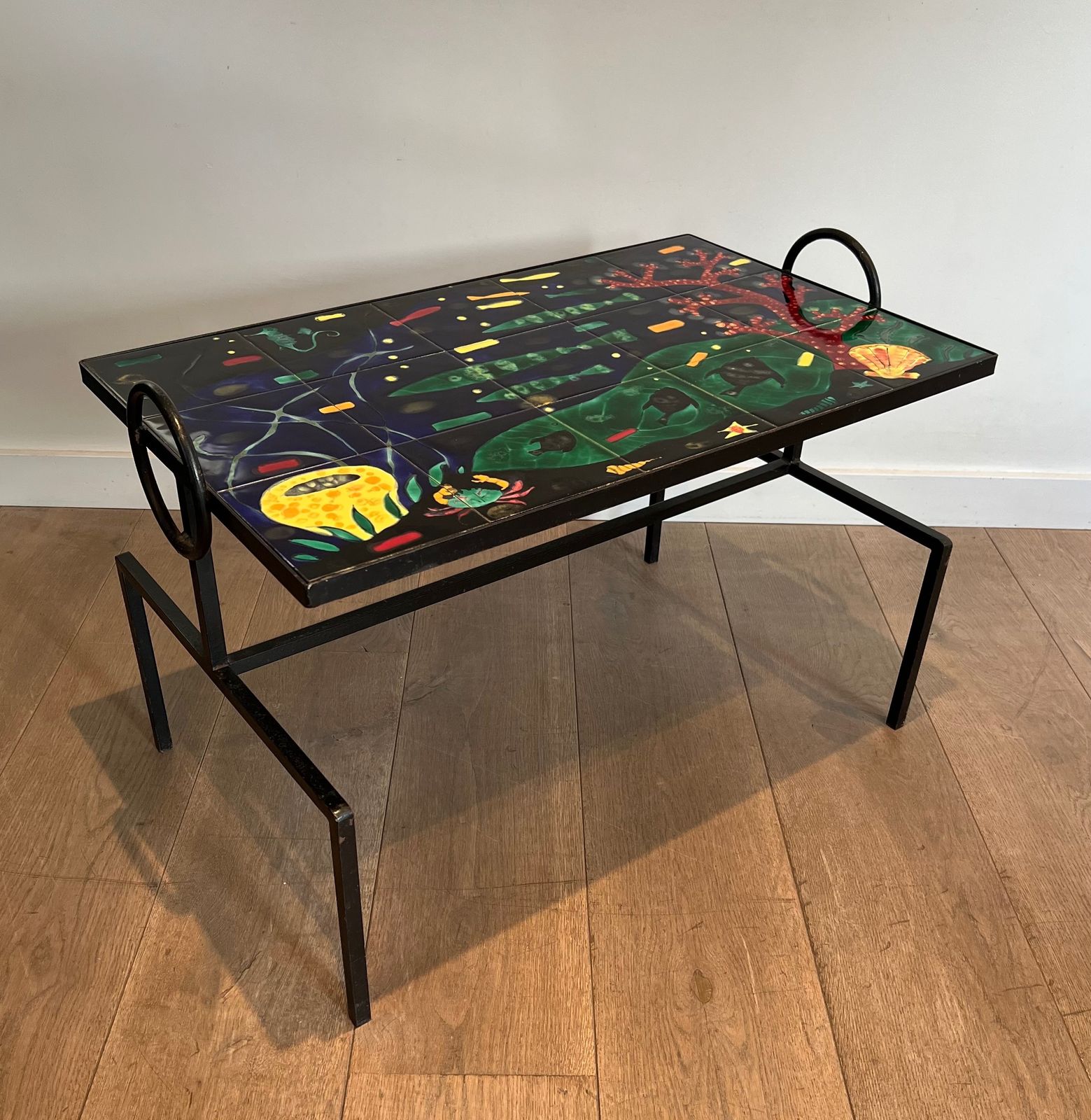 Coffee Table In Black Lacquered Metal And Ceramic In The Taste Of Jacques Adnet