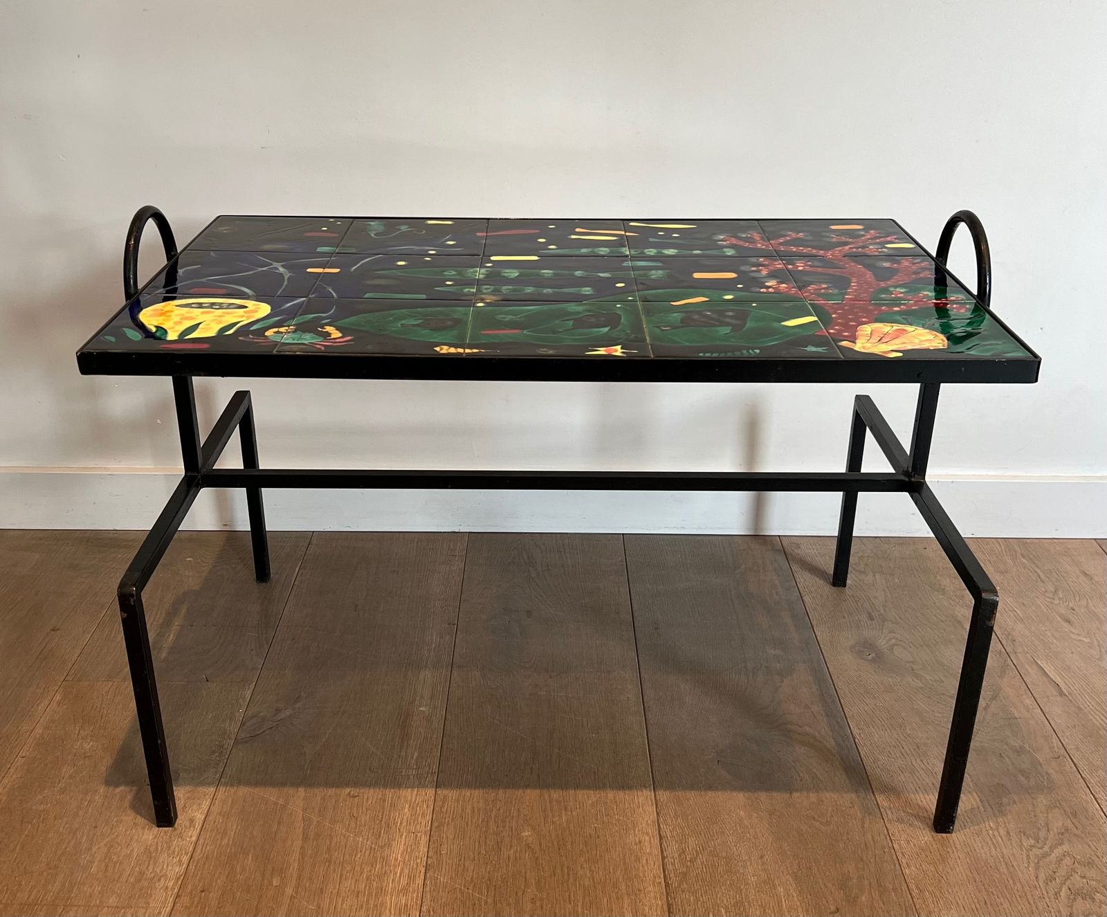 Coffee Table In Black Lacquered Metal And Ceramic In The Taste Of Jacques Adnet photo furniture