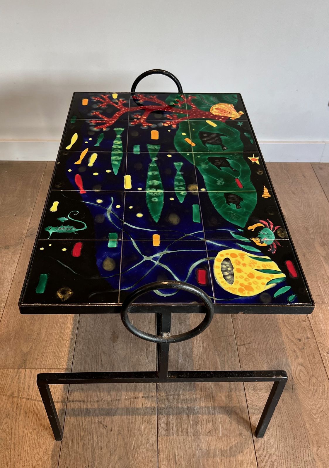 Coffee Table In Black Lacquered Metal And Ceramic In The Taste Of Jacques Adnet photo Furniture