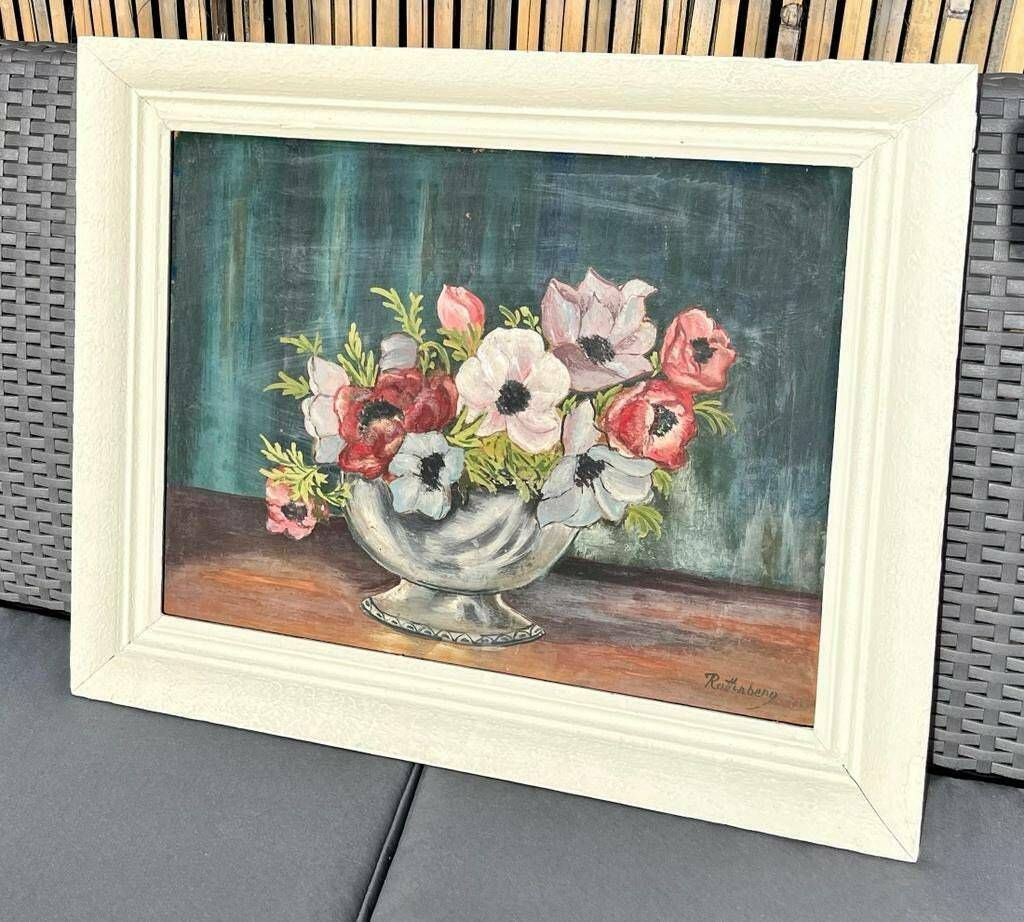 Original Rare Vintage Harold Rotenberg (American   Israeli, 1905 2011) Anemones In A Vase, Oil On Wood, Signed, Framed