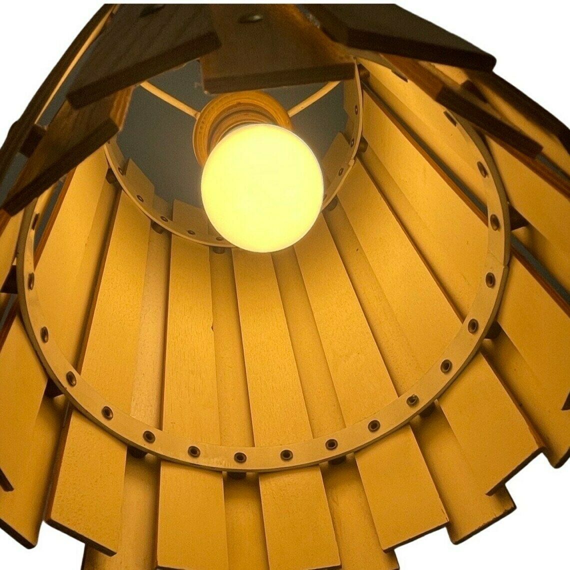Ca. 1960's Ceiling Fixture   Scandinavian Design   Teak Wood Plywood Cylinder And Matching Ceiling Canopy photo vintage