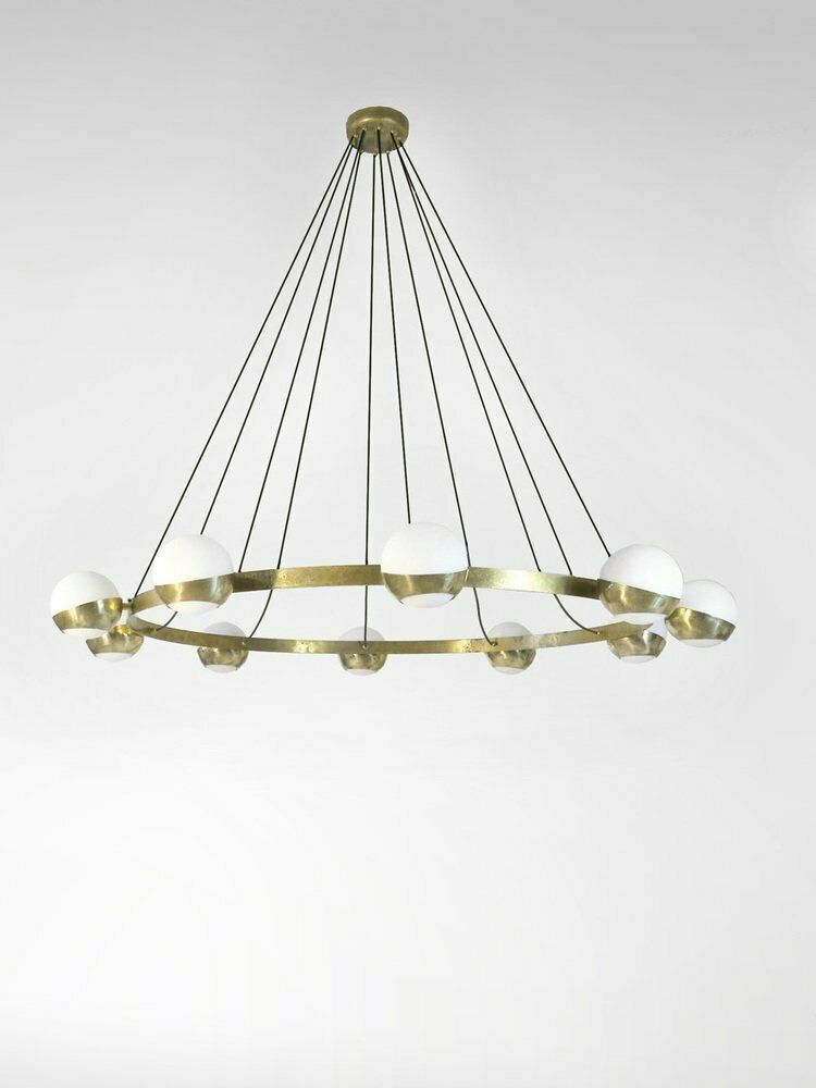Mid Century Brass And Opaline Glass Chandelier, 1960s photo for sale