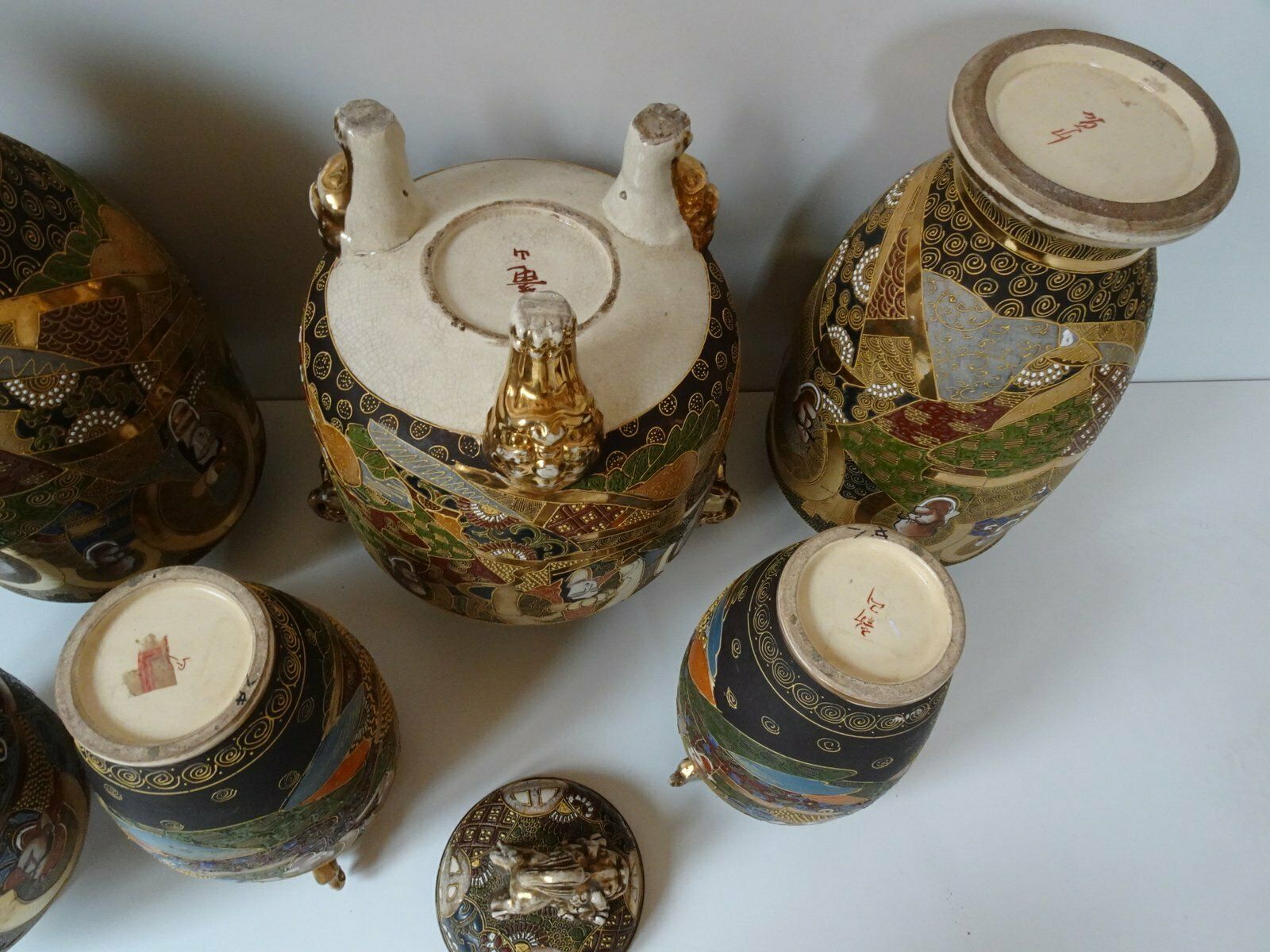 Large Antique Meiji Satsuma Moriage Vases And Burners, Japan, Set Of 7 photo vintage