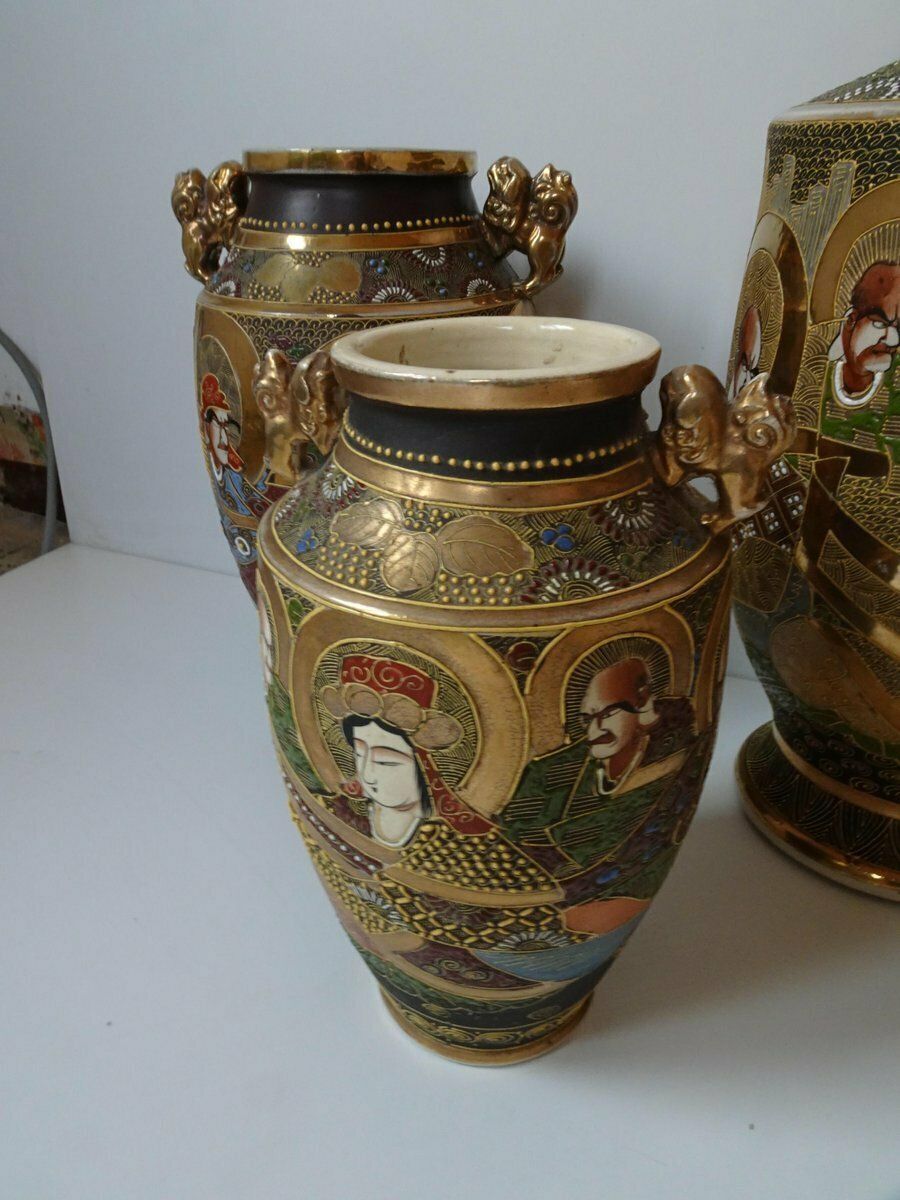 photo furniture Large Antique Meiji Satsuma Moriage Vases And Burners, Japan, Set Of 7