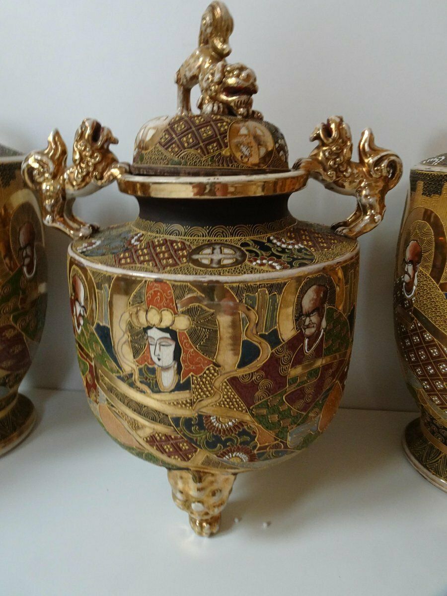 Home Decor Large Antique Meiji Satsuma Moriage Vases And Burners, Japan, Set Of 7 photo
