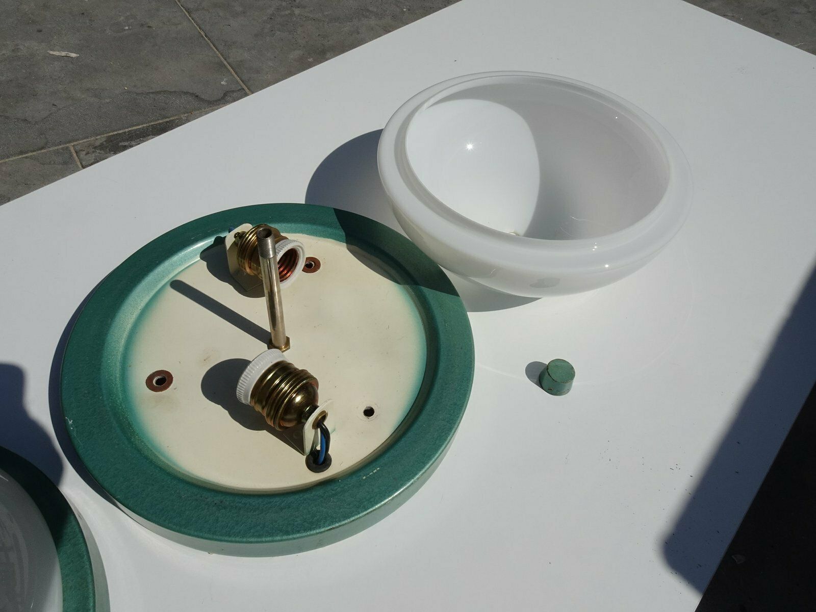 Industrial Metalic Green Lacquered Ceiling Lamp In White Opaline Glass, 1940s photo Lighting